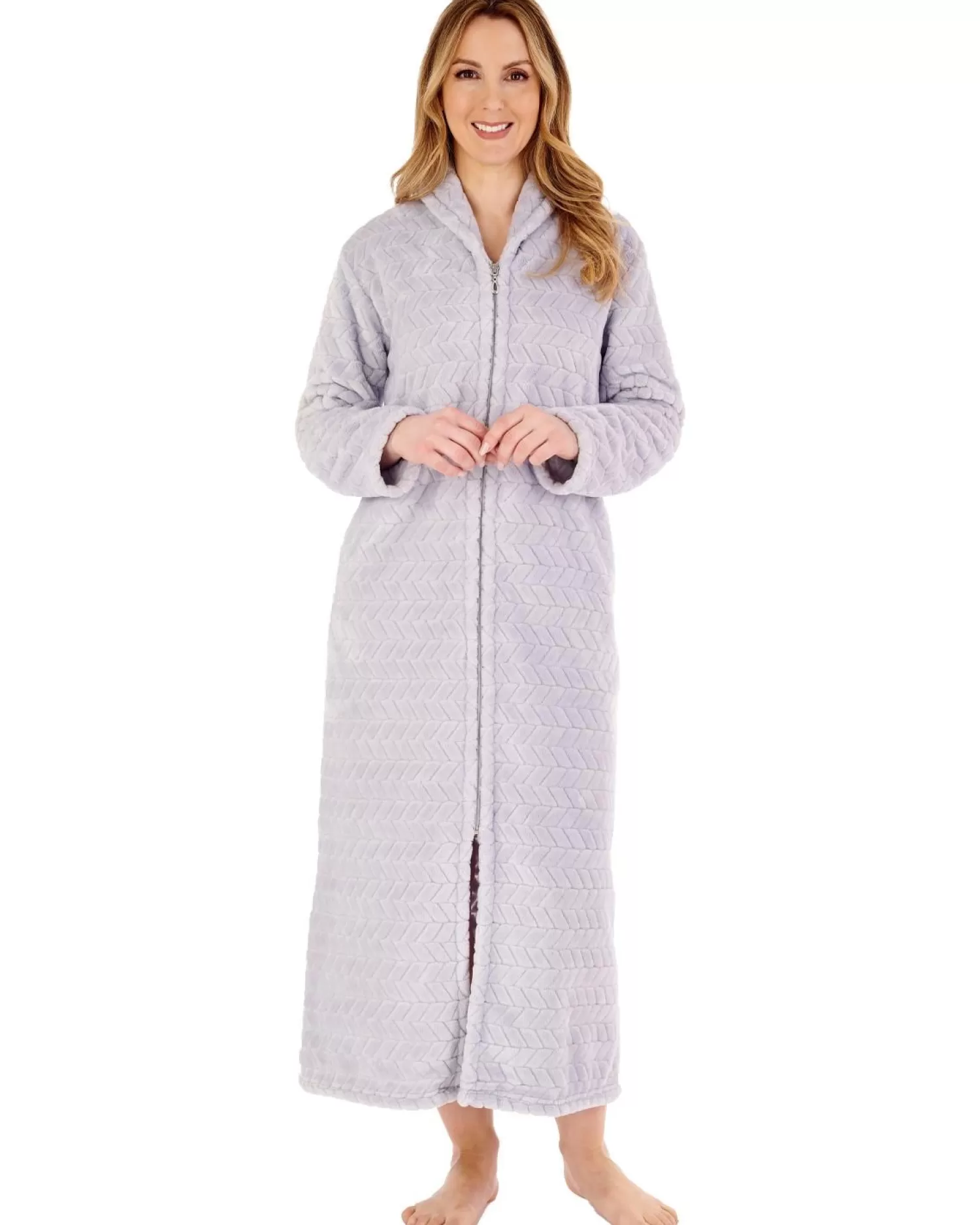 Slenderella Dressing Gowns | Chevron Fleece Zip Up Dressing Gown - Grey