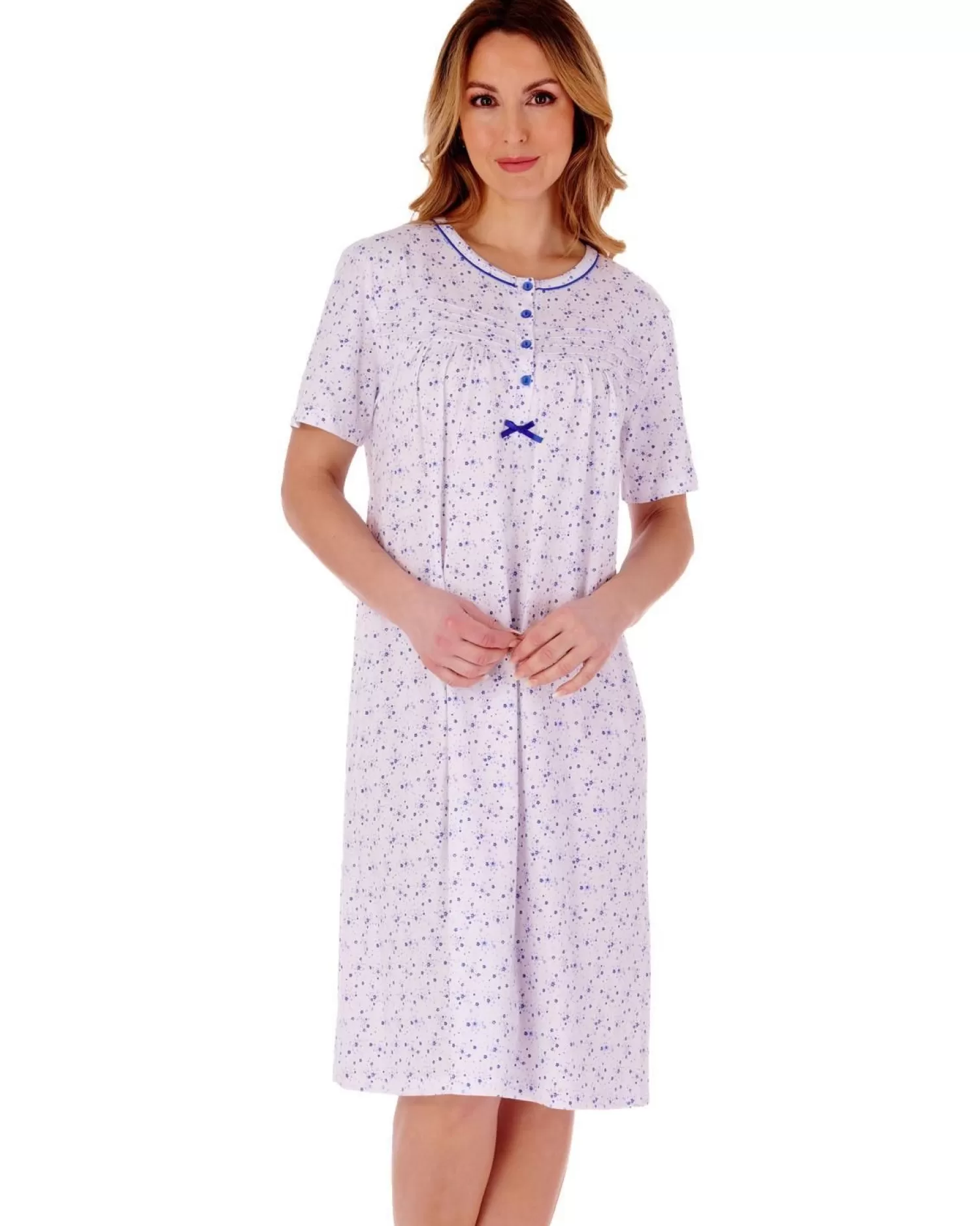 Slenderella Nighties | Ditsy Floral 42" Short Sleeve Jersey Nightie - Blue