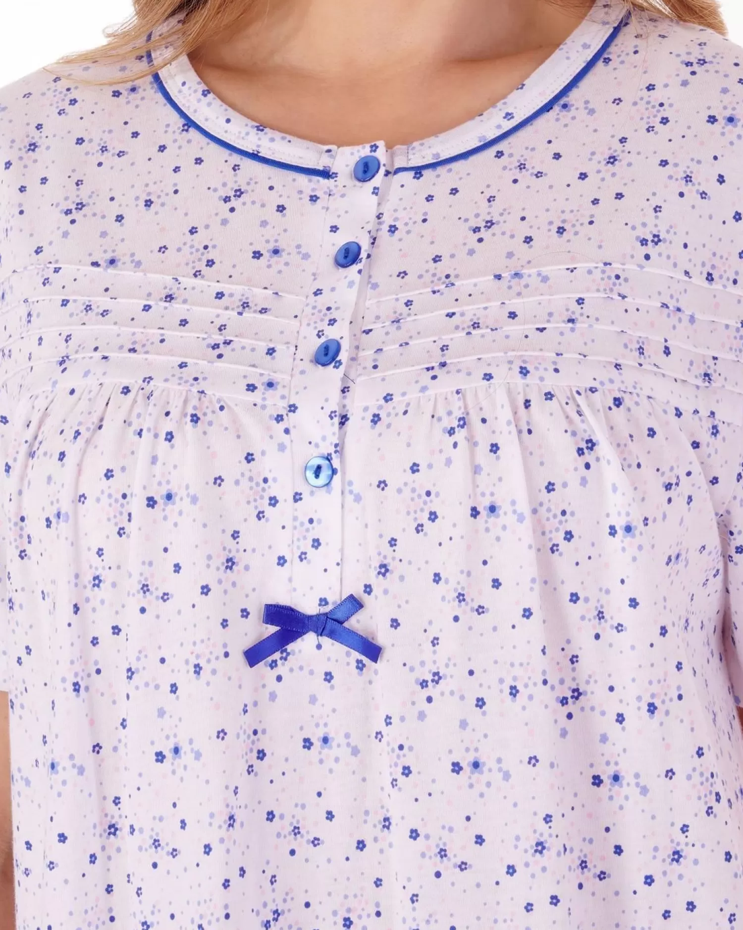 Slenderella Nighties | Ditsy Floral 42" Short Sleeve Jersey Nightie - Blue