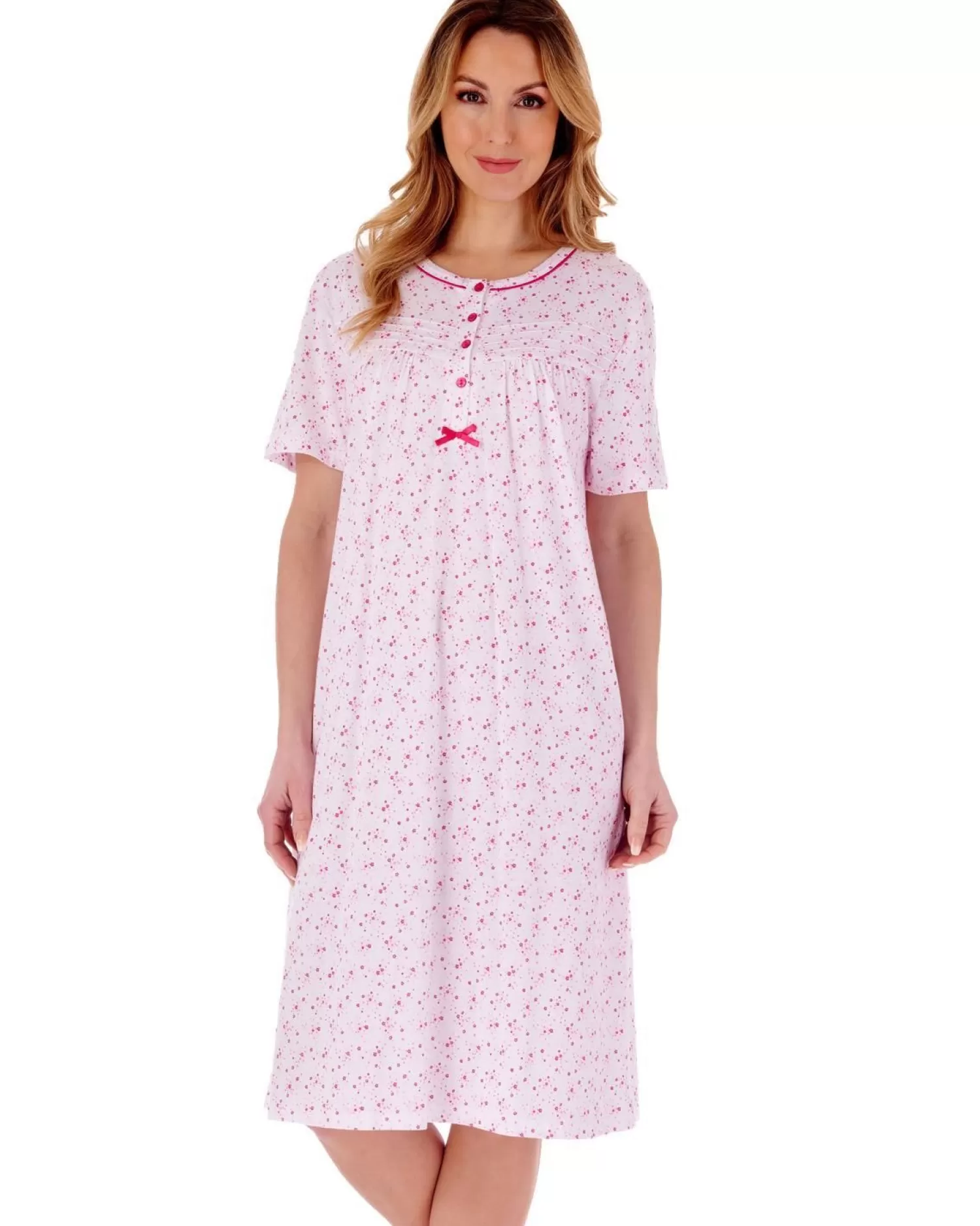 Slenderella Nighties | Ditsy Floral 42" Short Sleeve Jersey Nightie - Pink