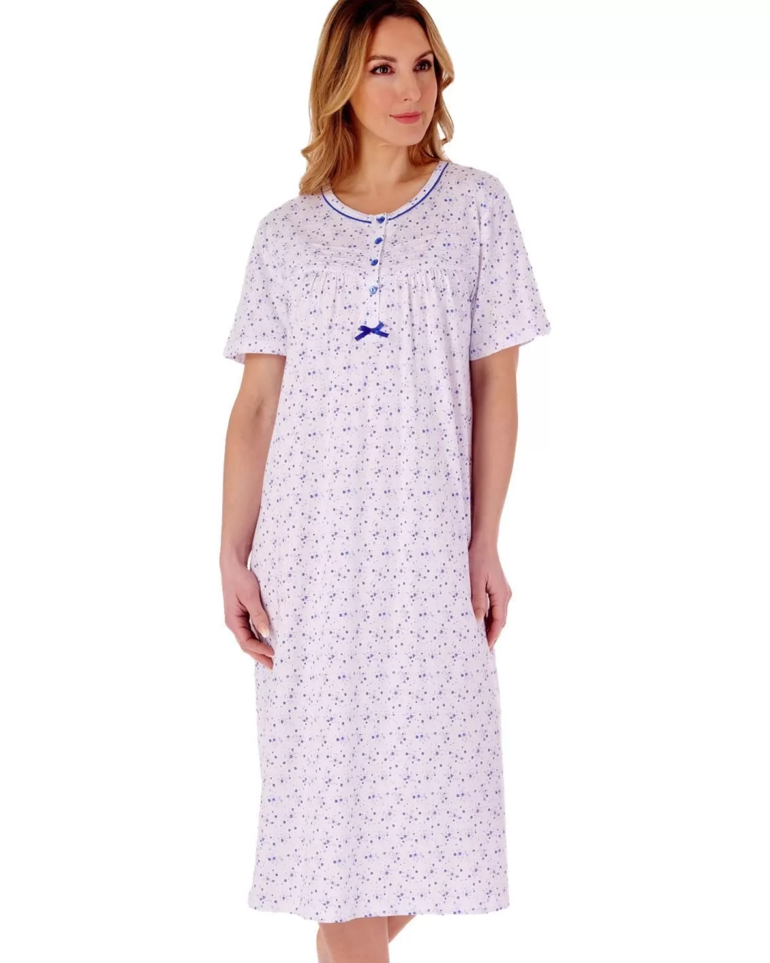 Slenderella Nighties | Ditsy Floral 46" Short Sleeve Jersey Nightie - Blue