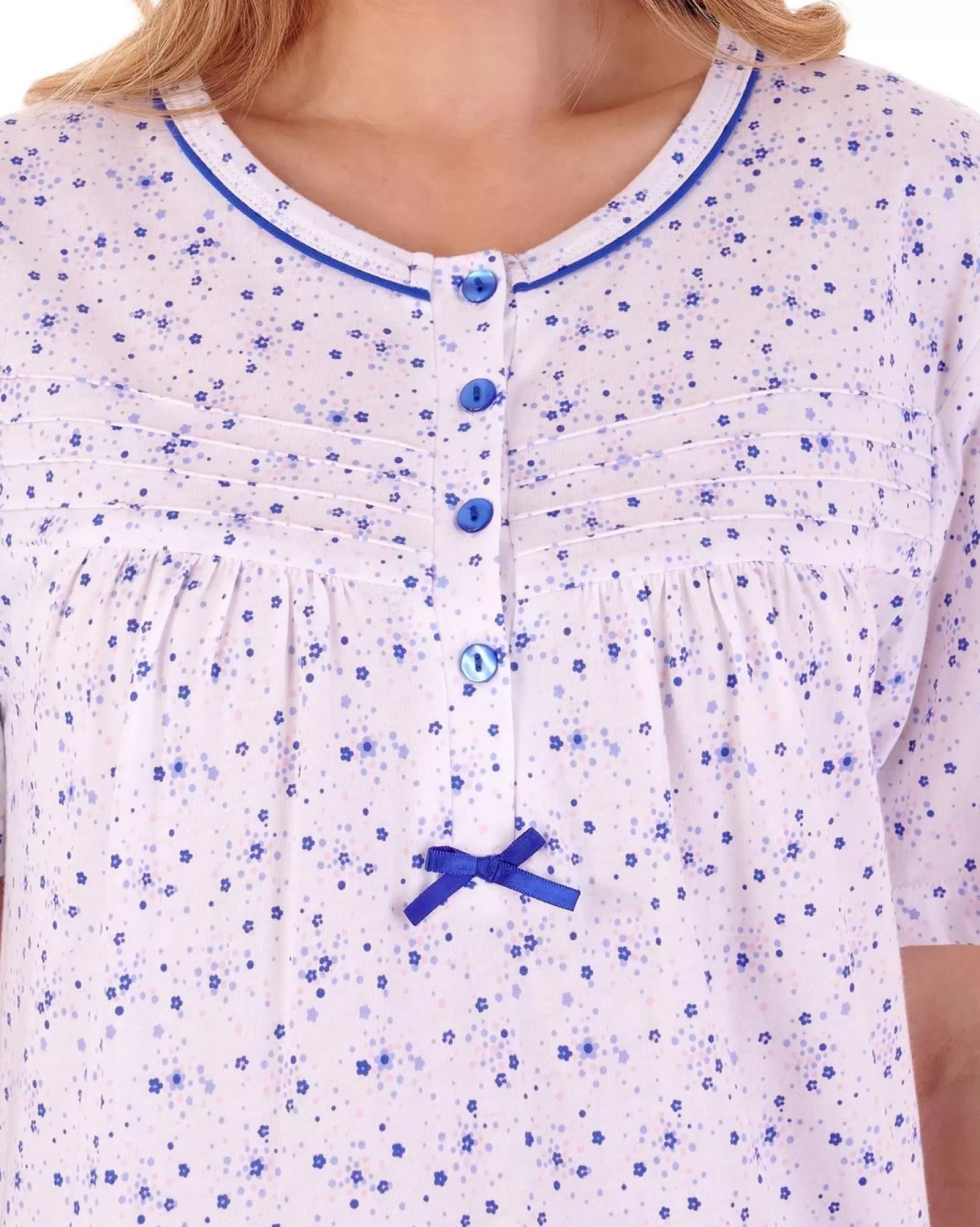 Slenderella Nighties | Ditsy Floral 46" Short Sleeve Jersey Nightie - Blue