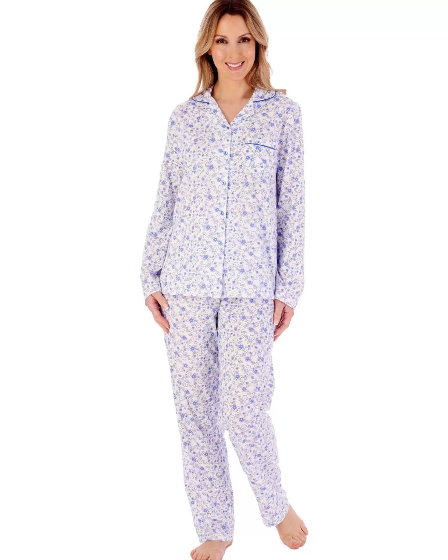 Slenderella Pyjamas | Ditsy Floral Long Sleeve Jersey Pyjamas - Blue