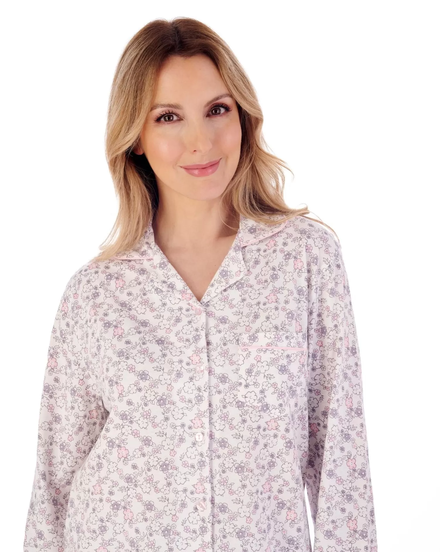 Slenderella Pyjamas | Ditsy Floral Long Sleeve Jersey Pyjamas - Grey