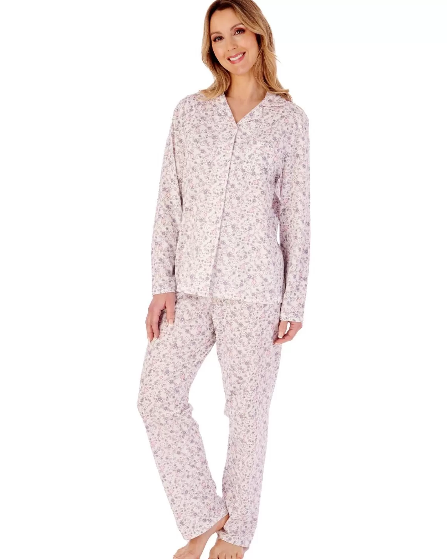 Slenderella Pyjamas | Ditsy Floral Long Sleeve Jersey Pyjamas - Grey