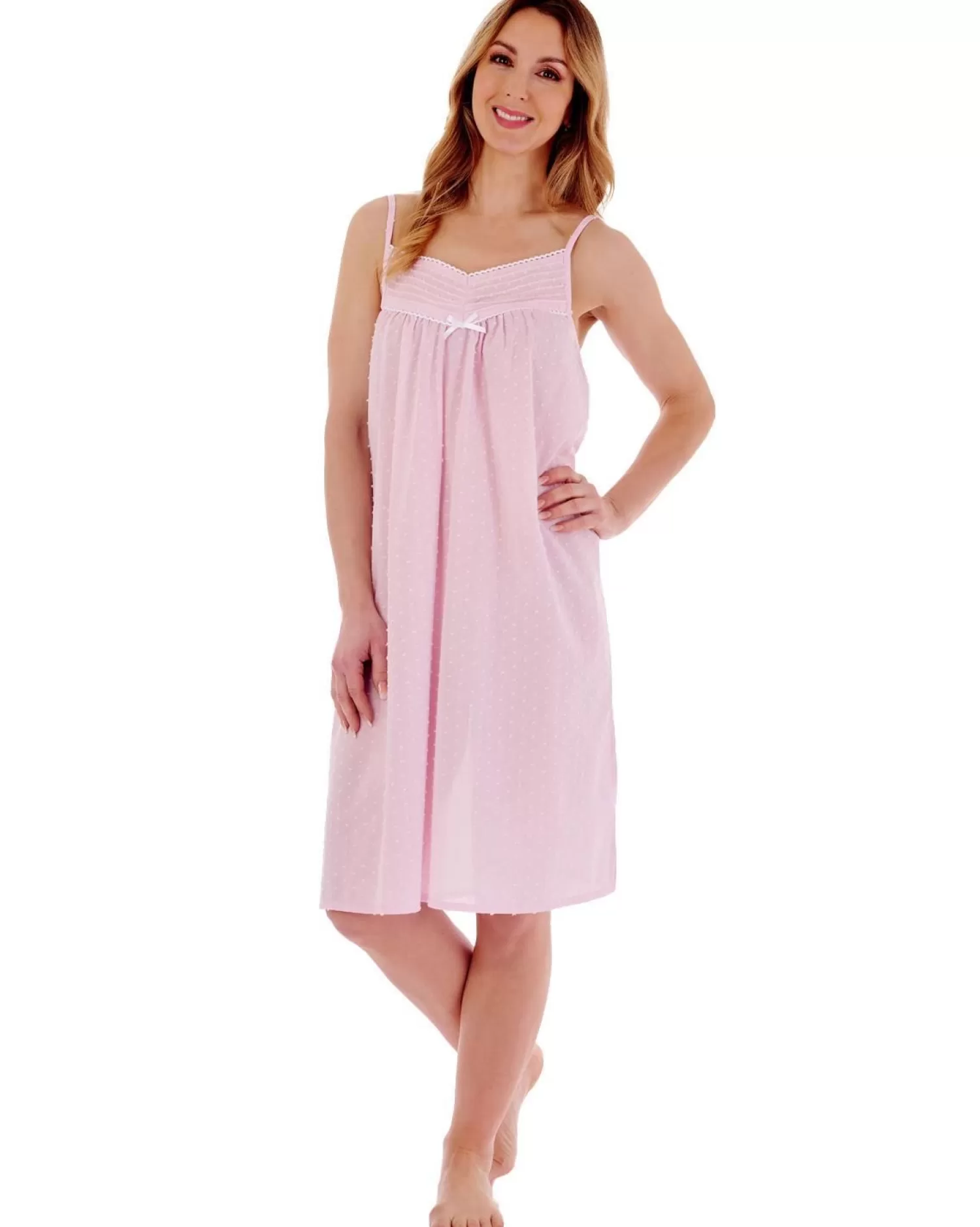 Slenderella Nighties | Dobby Dot 40" Strappy Chemise - Pink