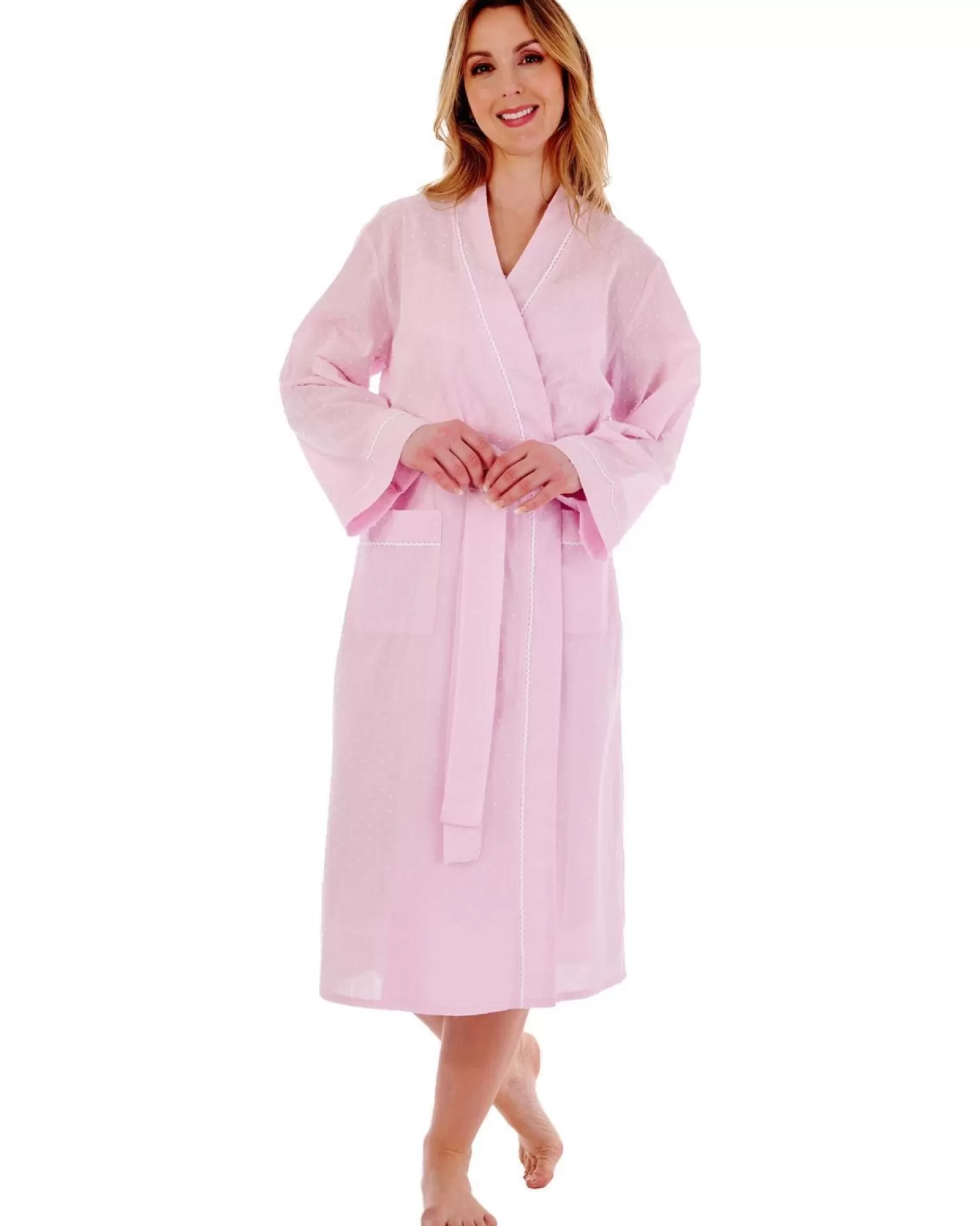 Slenderella Dressing Gowns | Dobby Dot 45" Kimono Robe - Pink