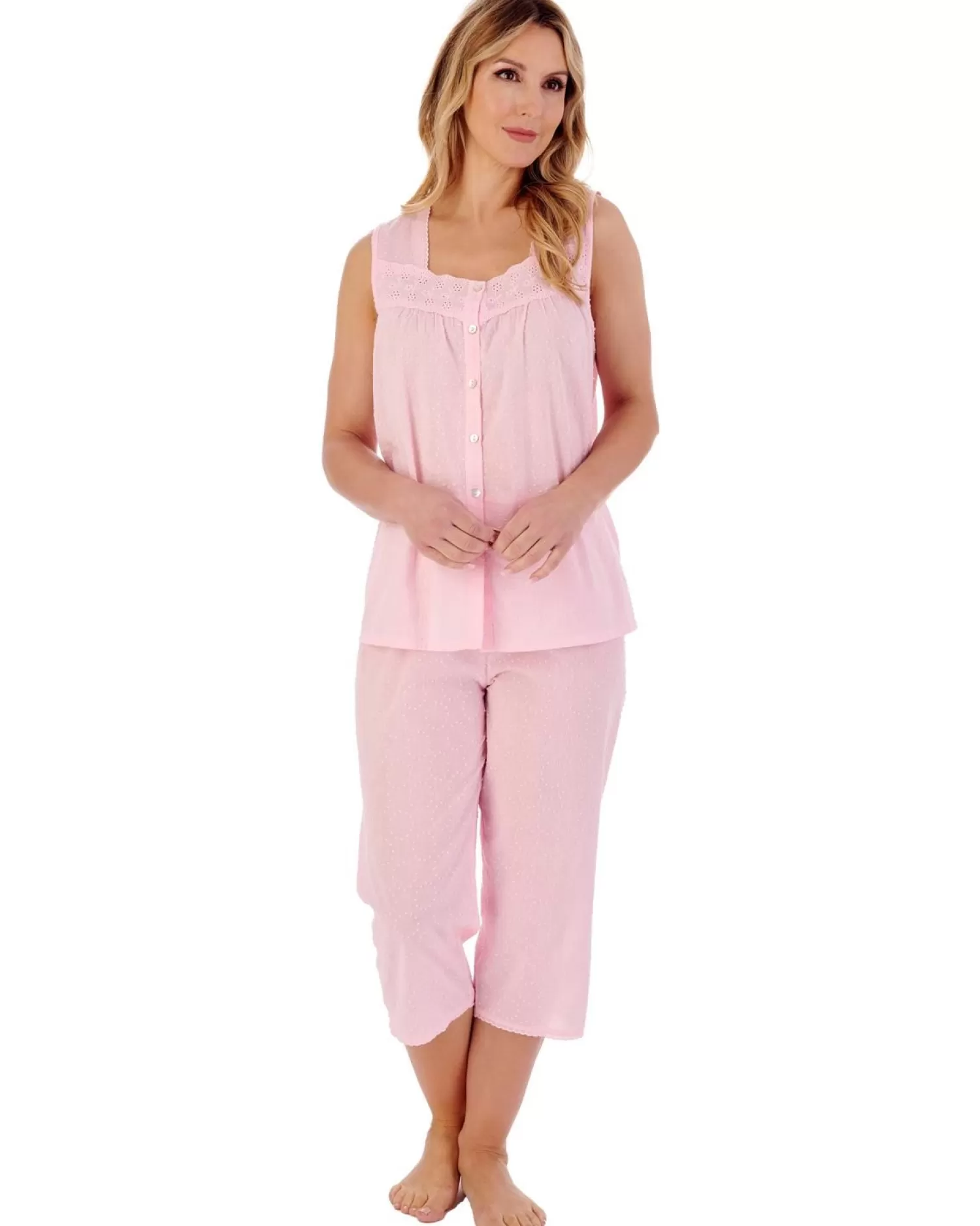 Slenderella Pyjamas | Dobby Dot Cropped 100% Cotton Pyjamas - Pink