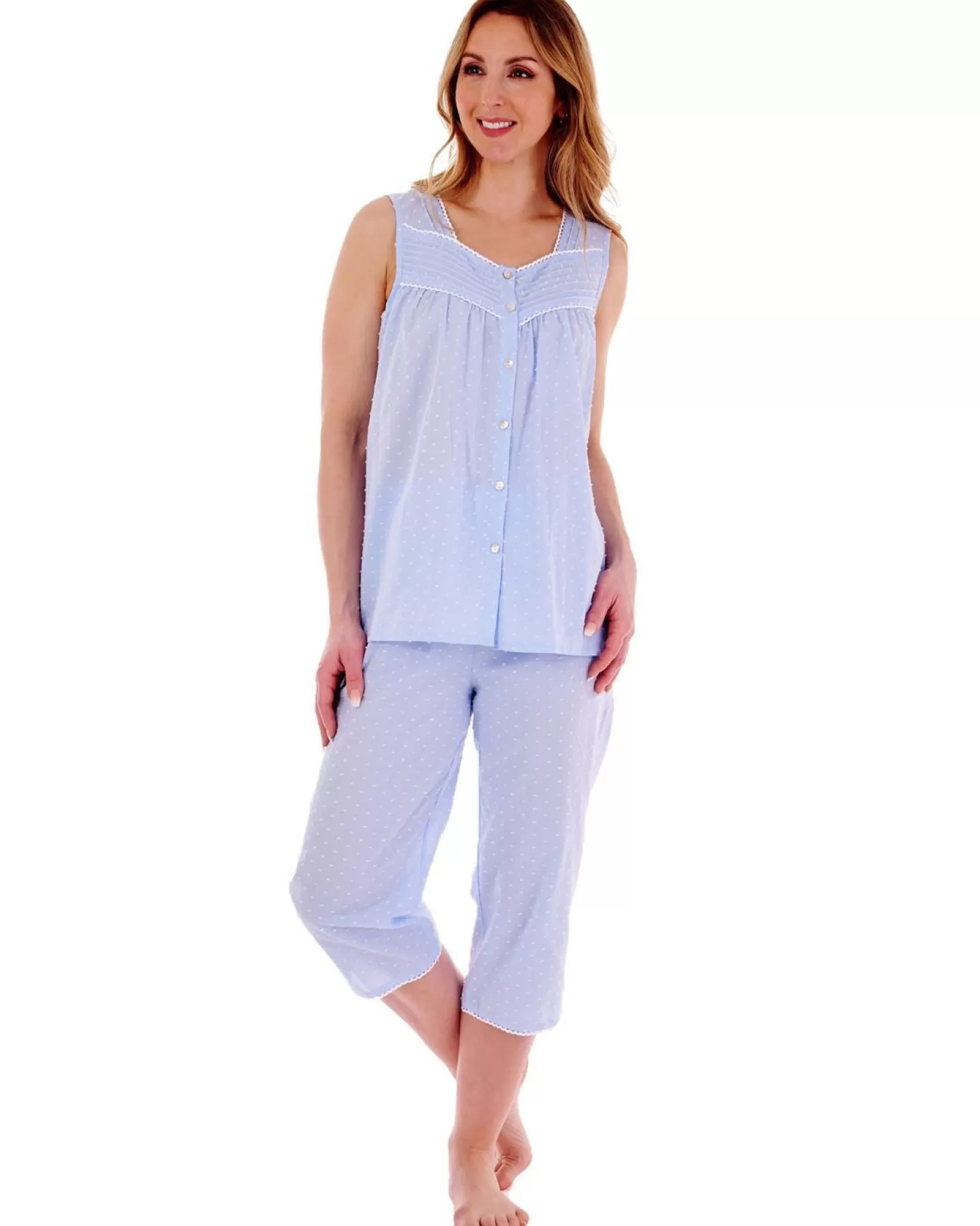 Slenderella Pyjamas | Dobby Dot Cropped Pyjamas - Blue