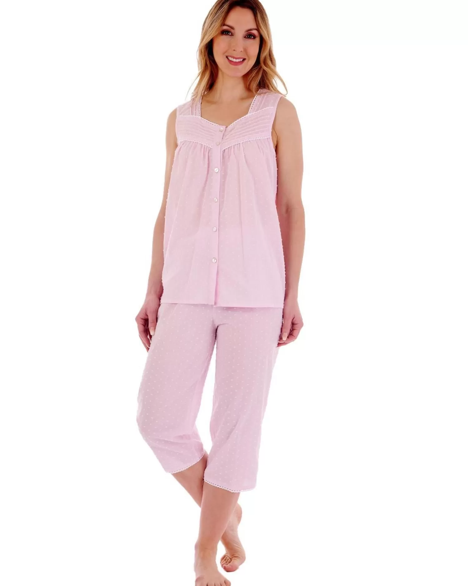 Slenderella Pyjamas | Dobby Dot Cropped Pyjamas - Pink