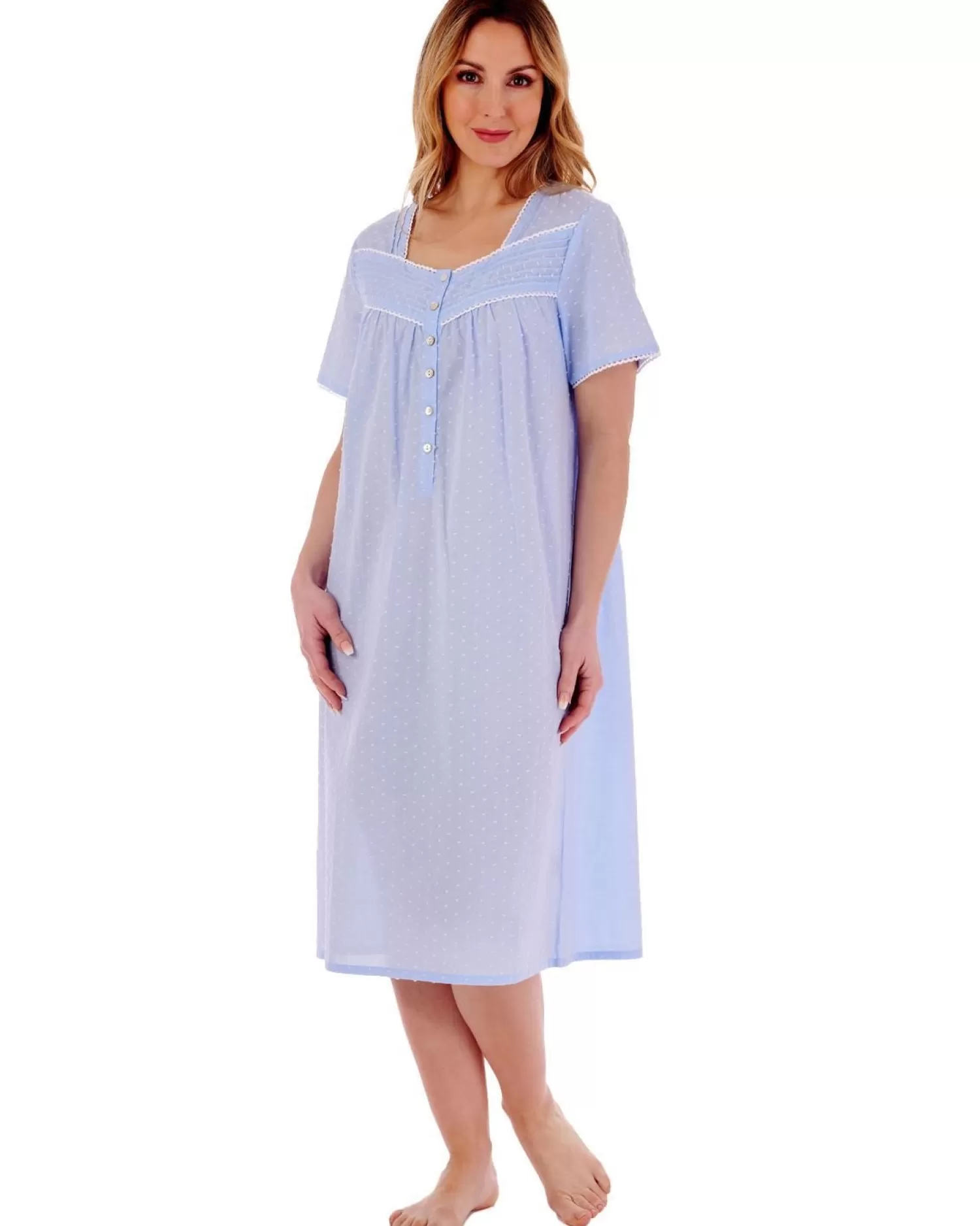 Slenderella Nighties | Dobby Dot Short Sleeve Nightdress - Blue