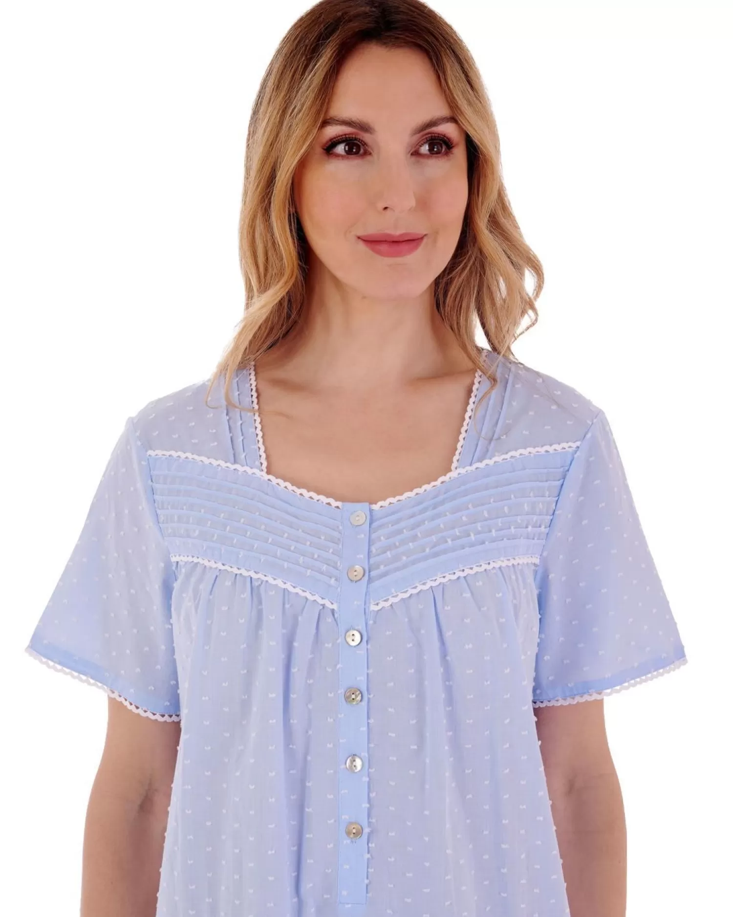 Slenderella Nighties | Dobby Dot Short Sleeve Nightdress - Blue