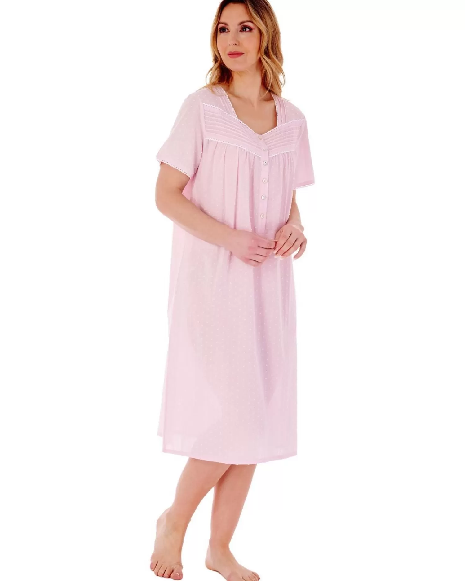 Slenderella Nighties | Dobby Dot Short Sleeve Nightdress - Pink