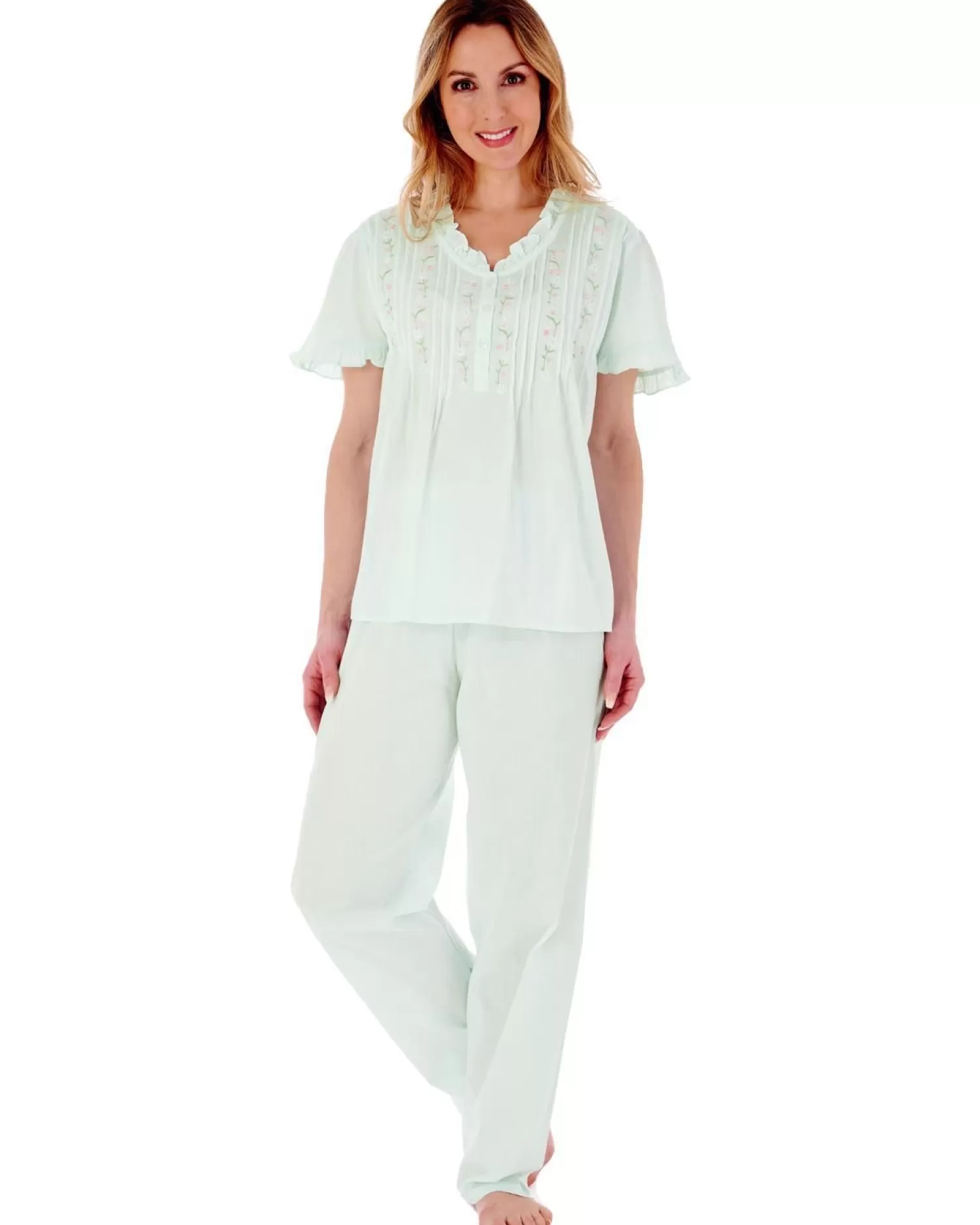 Slenderella Pyjamas | Embroidered Pintuck & Ruffle Woven Pyjamas - Mint