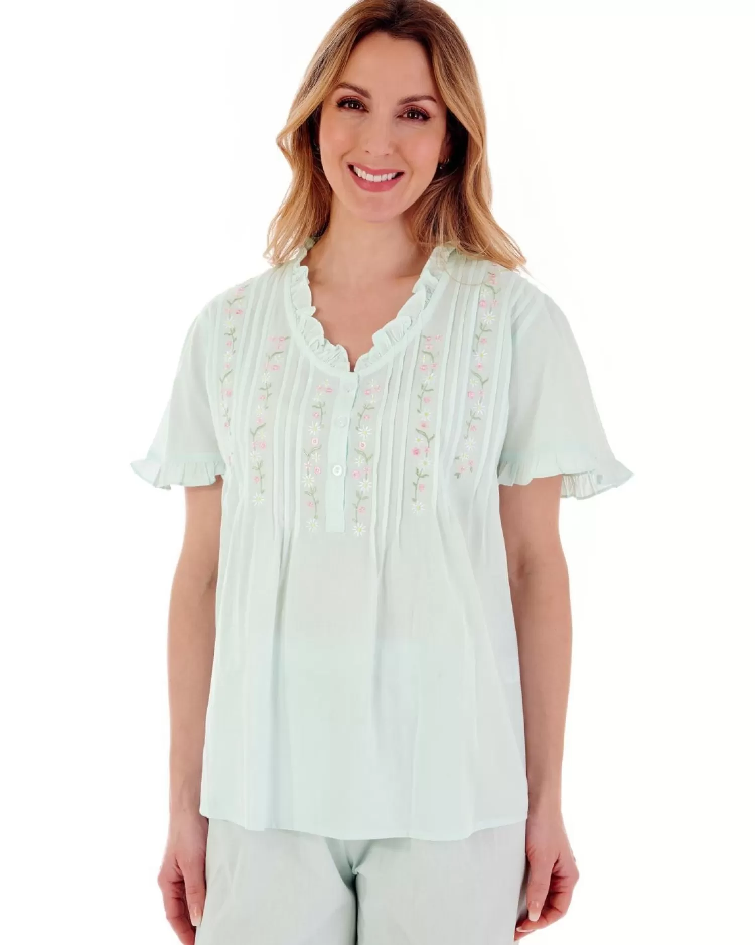 Slenderella Pyjamas | Embroidered Pintuck & Ruffle Woven Pyjamas - Mint