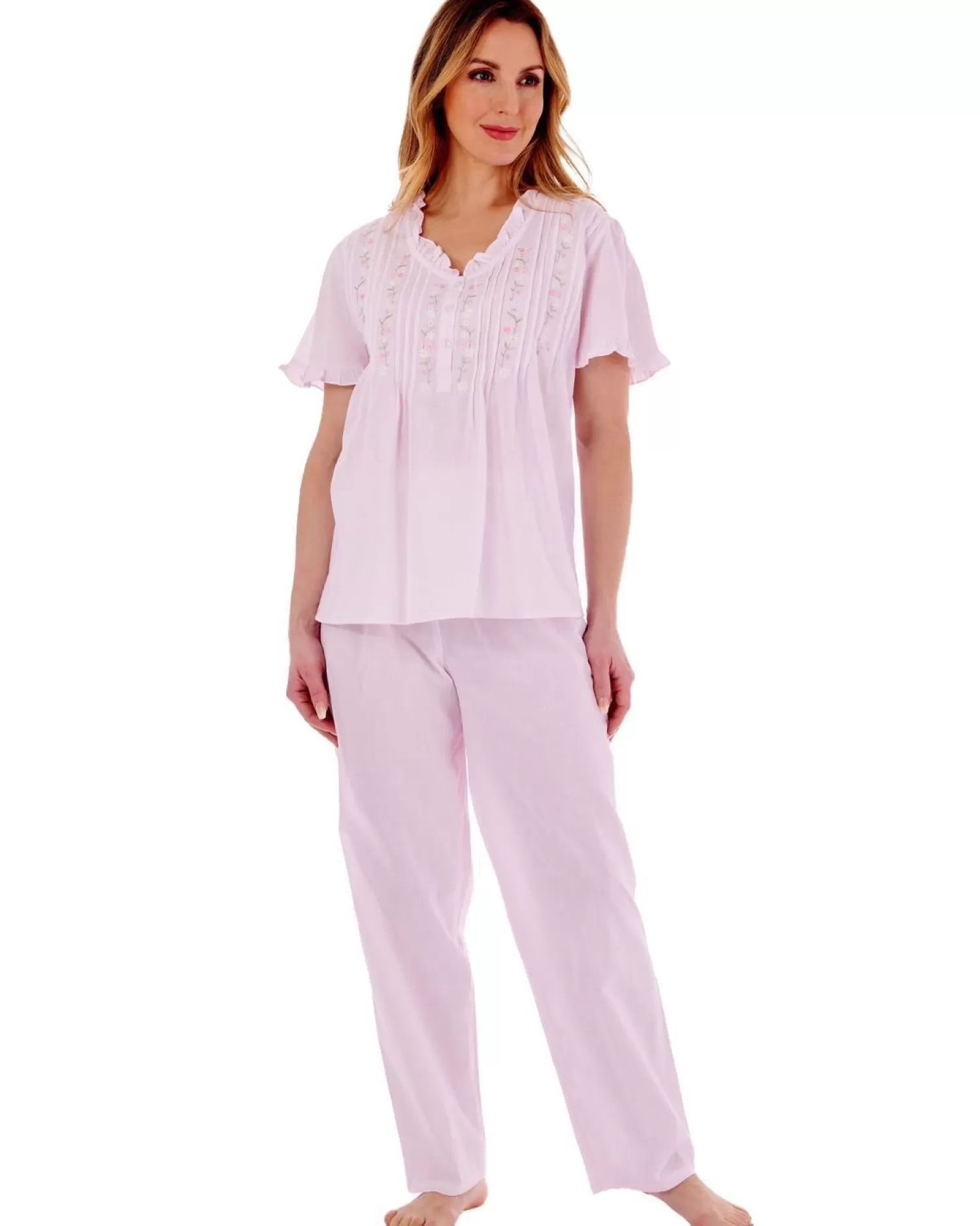 Slenderella Pyjamas | Embroidered Pintuck & Ruffle Woven Pyjamas - Pink