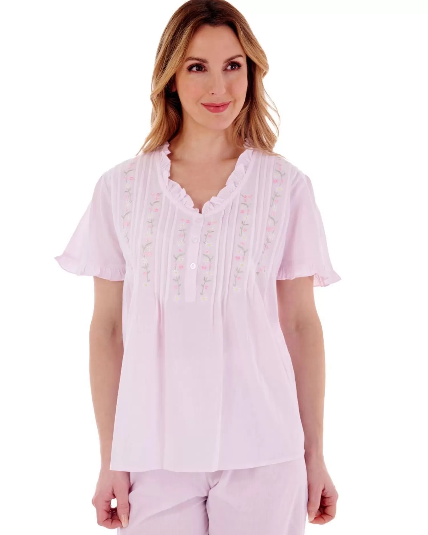 Slenderella Pyjamas | Embroidered Pintuck & Ruffle Woven Pyjamas - Pink