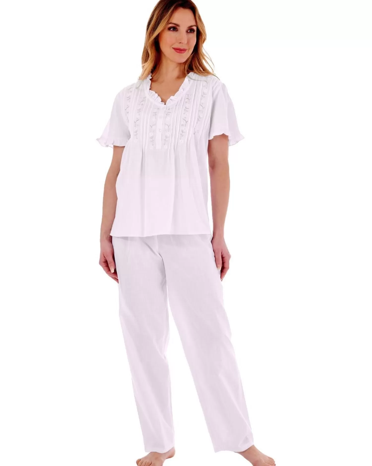 Slenderella Pyjamas | Embroidered Pintuck & Ruffle Woven Pyjamas - White