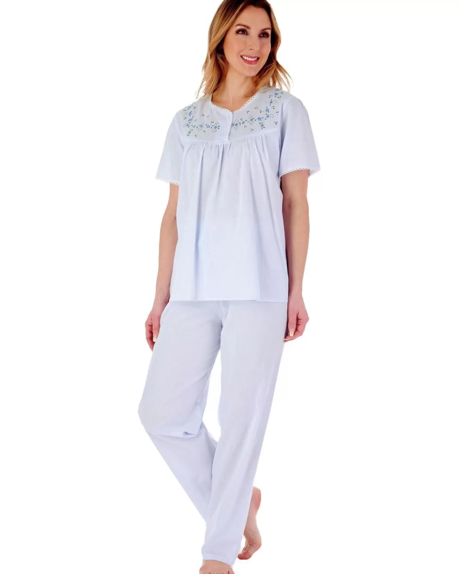 Slenderella Pyjamas | Embroidered Yoke Pyjamas - Blue