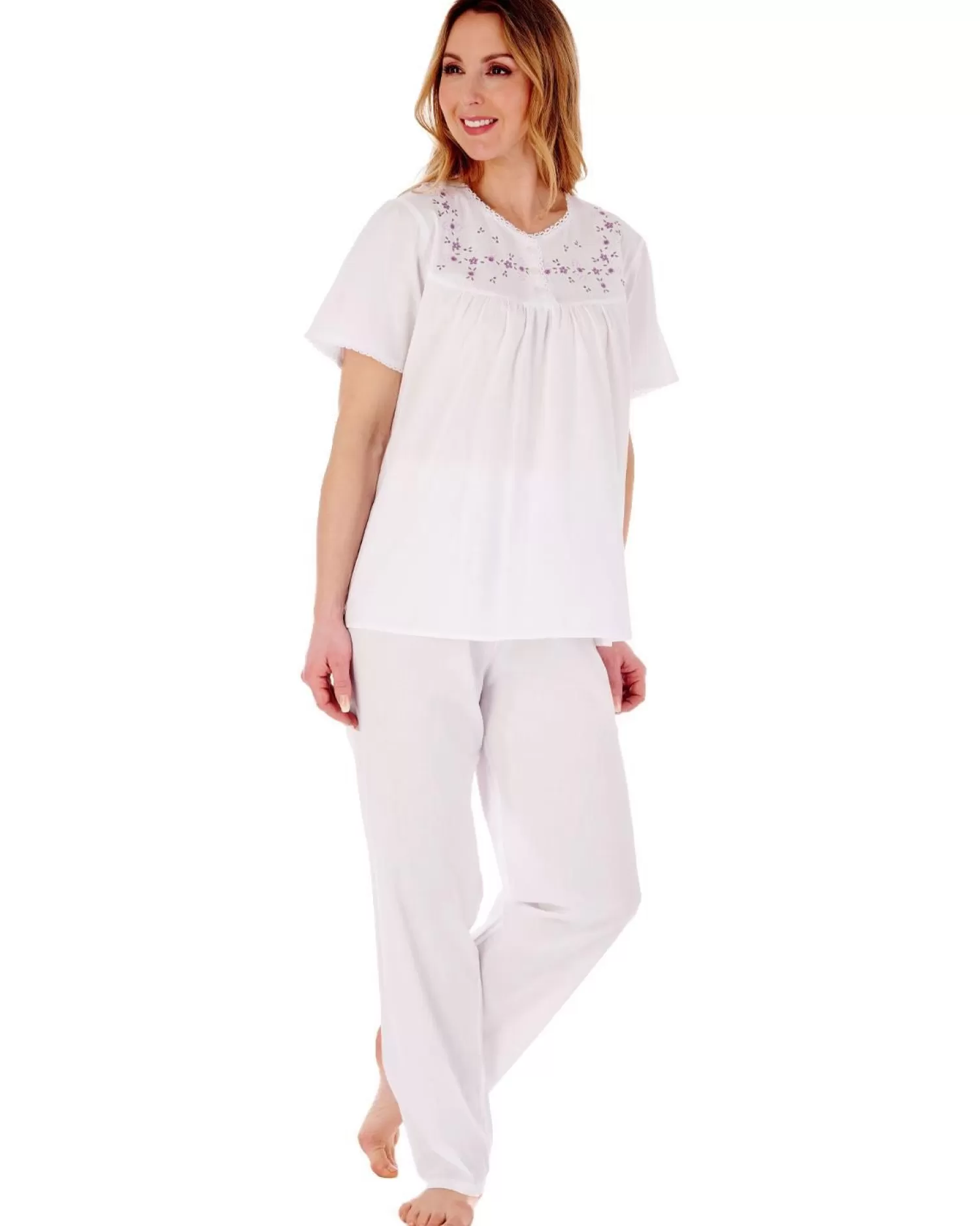 Slenderella Pyjamas | Embroidered Yoke Pyjamas - White