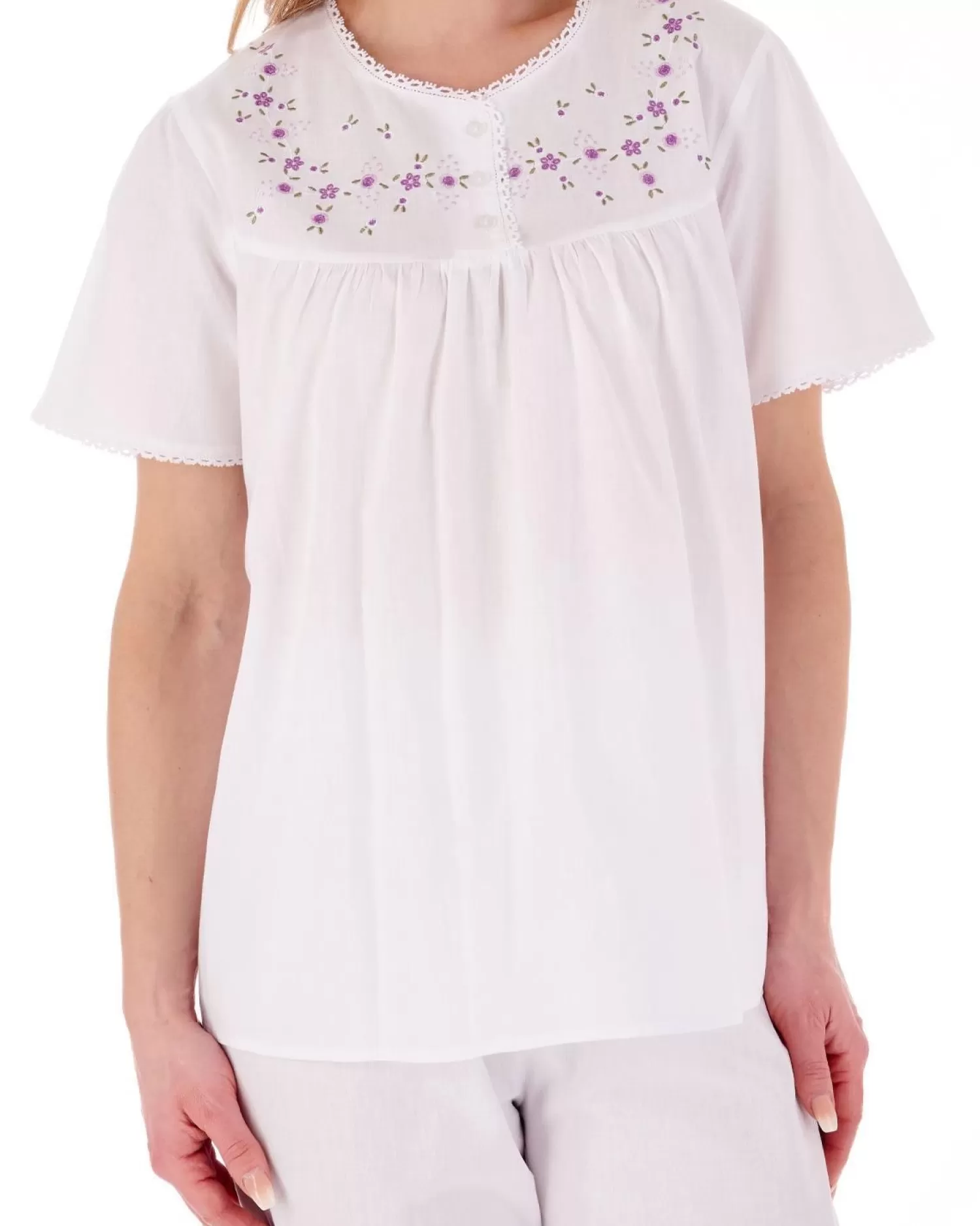 Slenderella Pyjamas | Embroidered Yoke Pyjamas - White