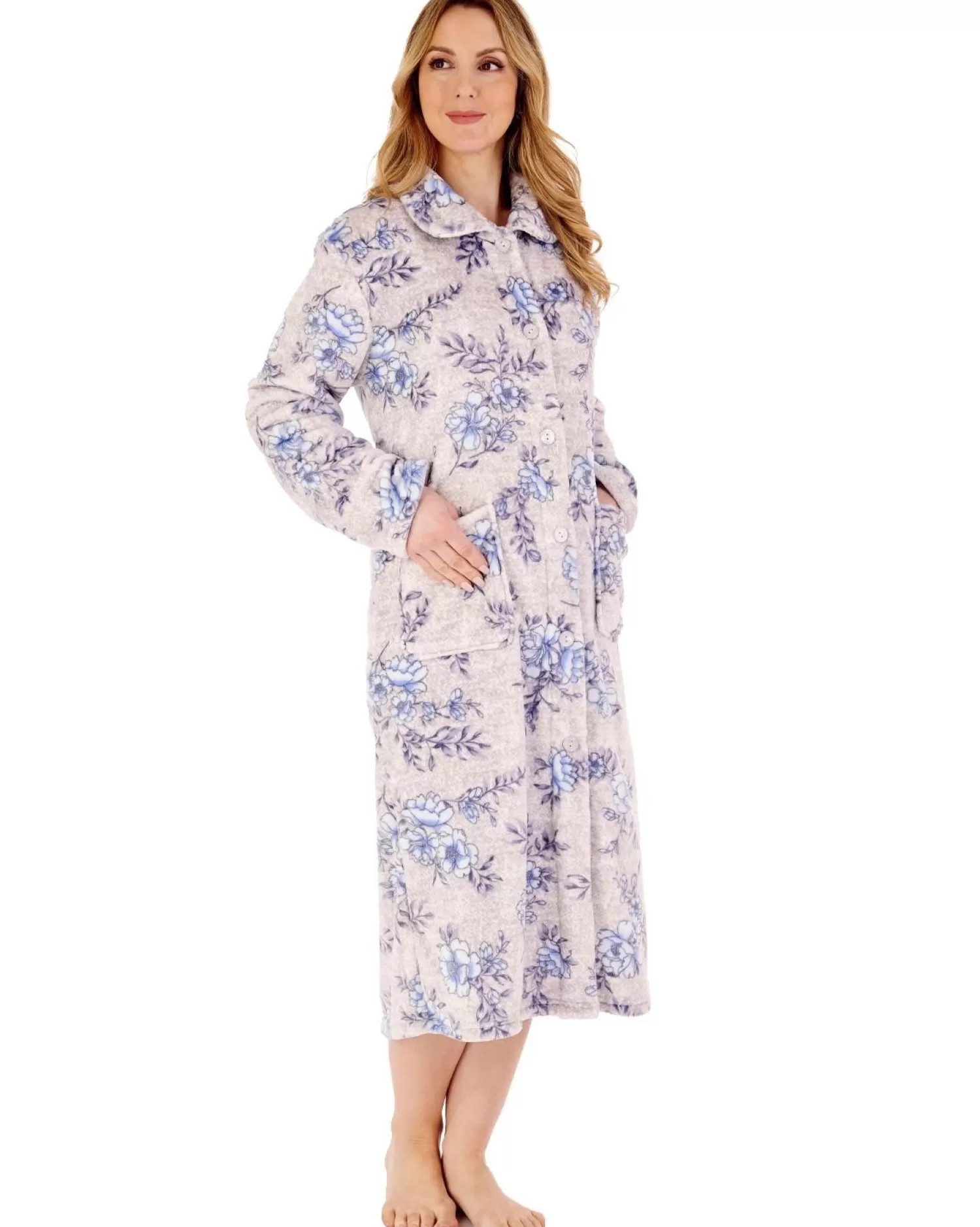 Slenderella Dressing Gowns | Floral Button Dressing Gown - Blue