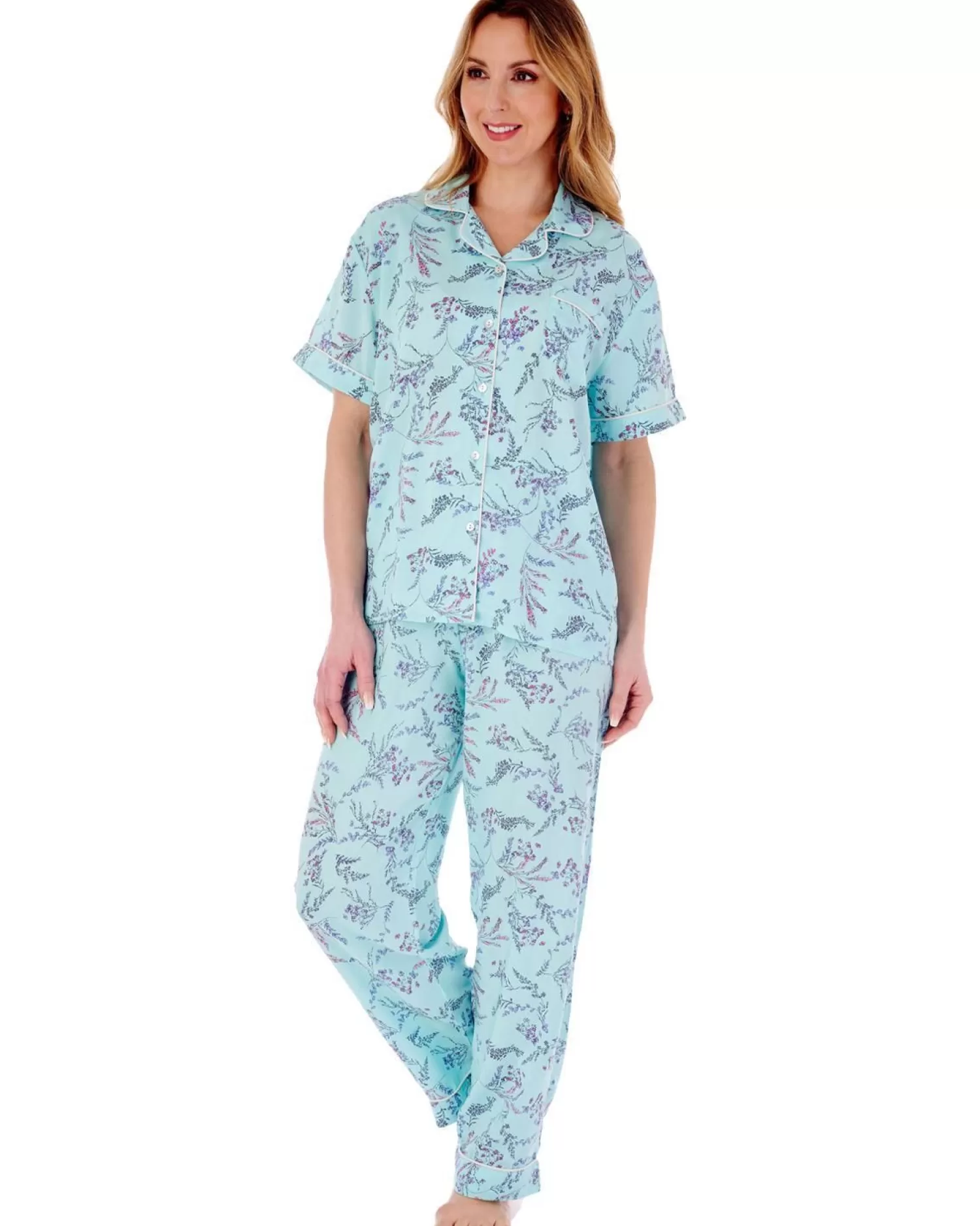 Slenderella Pyjamas | Floral Button Tailored Pyjamas - Aqua