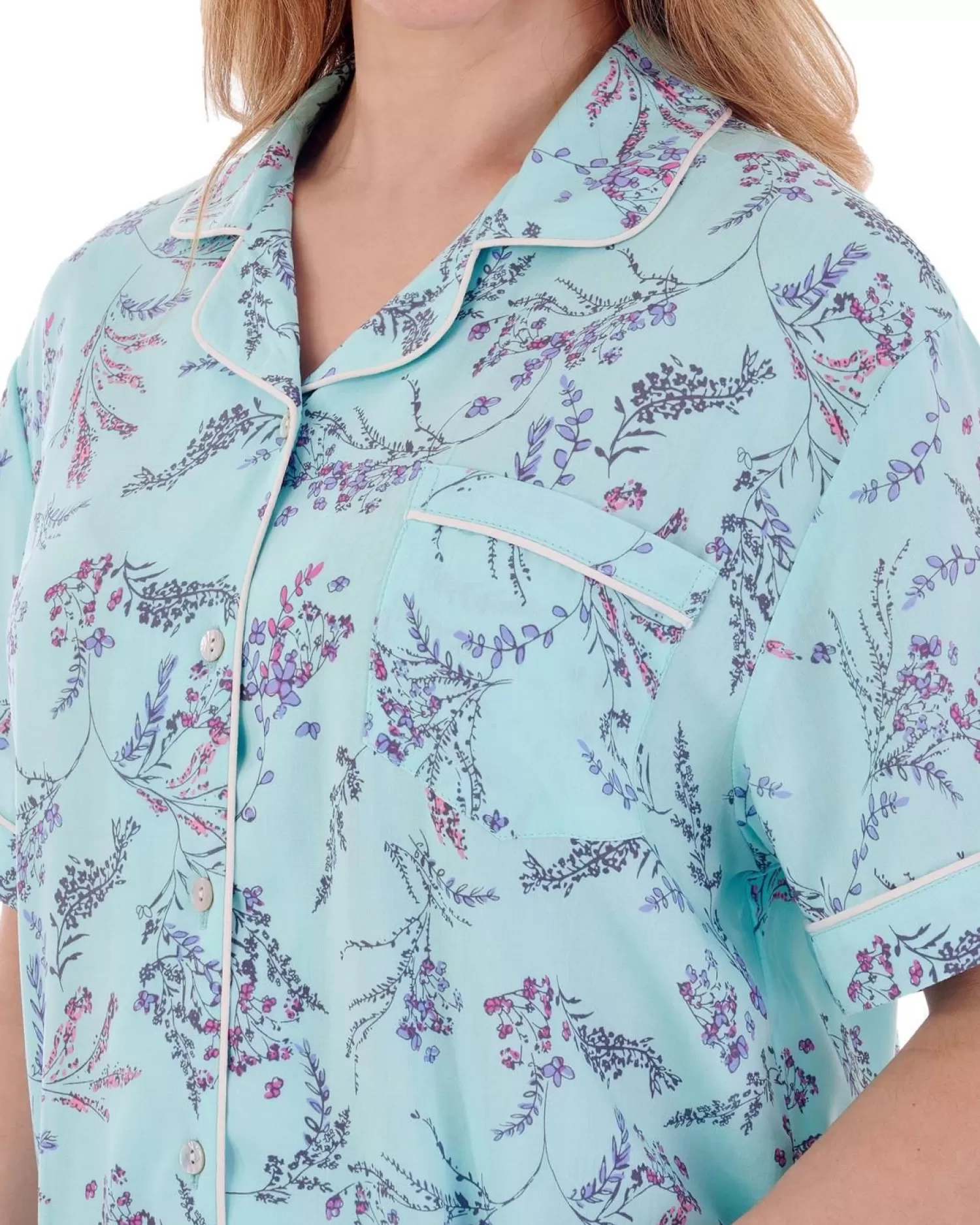 Slenderella Pyjamas | Floral Button Tailored Pyjamas - Aqua