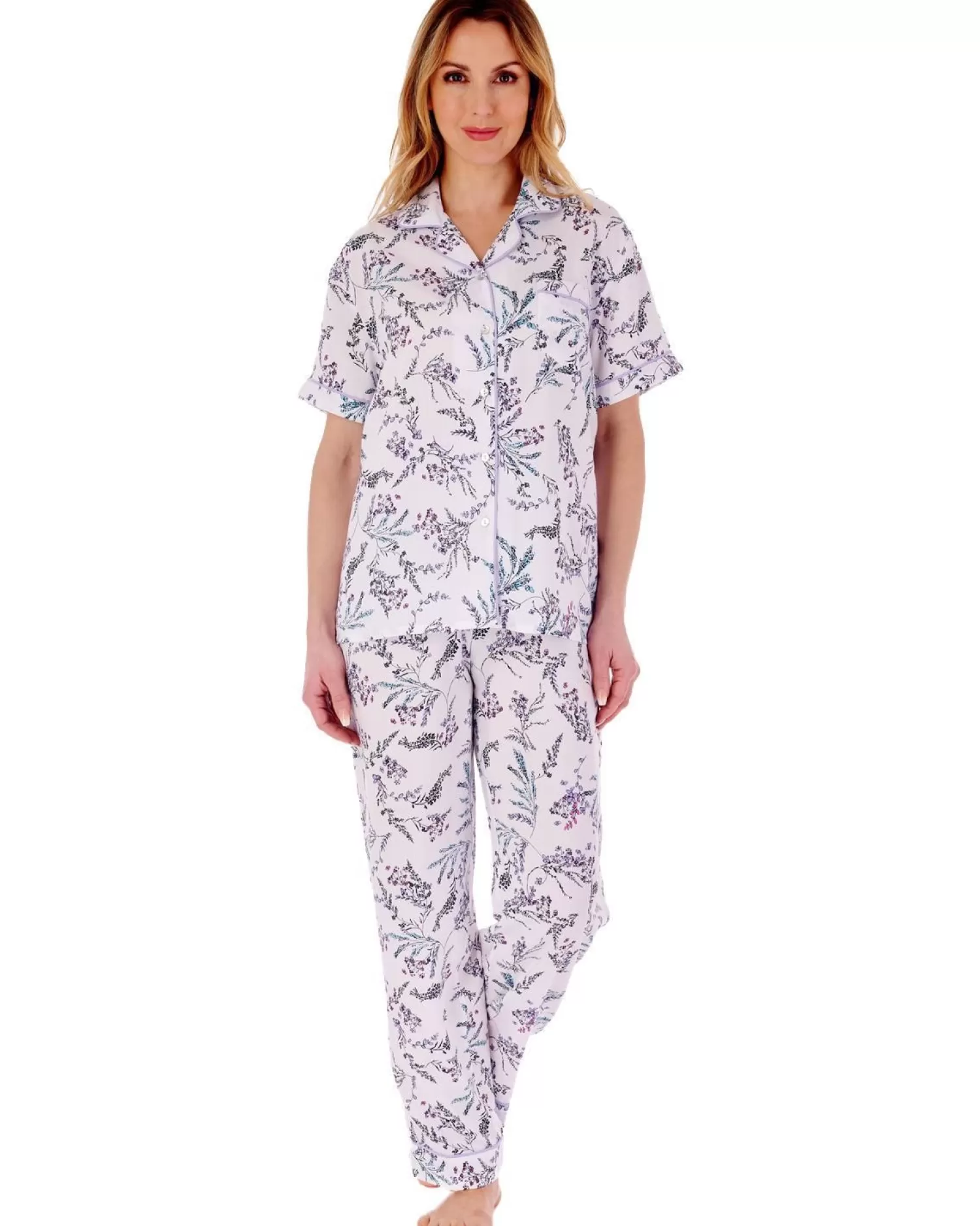 Slenderella Pyjamas | Floral Button Tailored Pyjamas - White