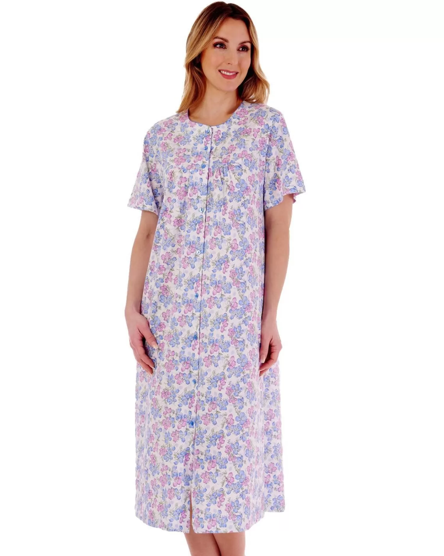 Slenderella Nighties | Floral Button Through Nightie - Blue