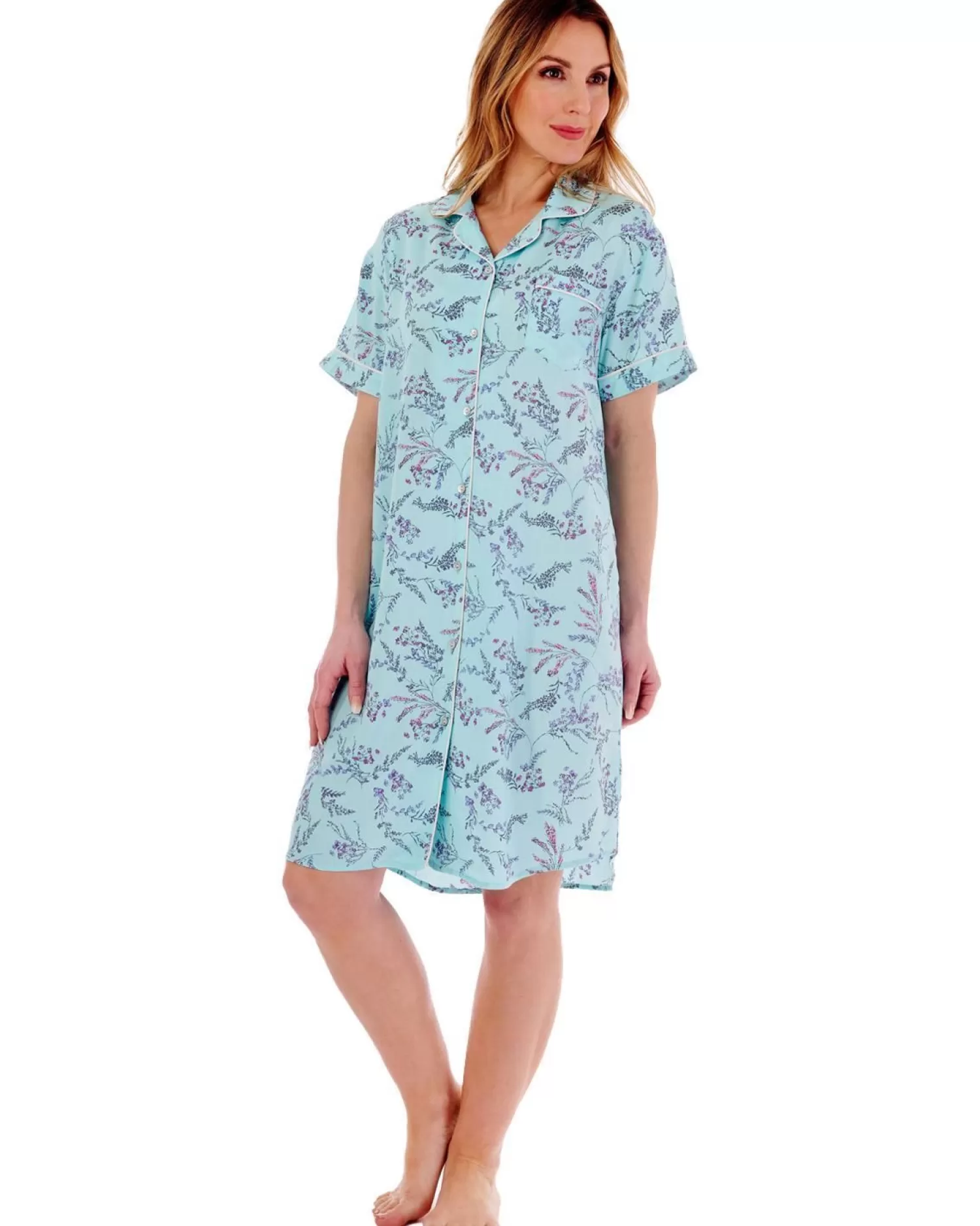 Slenderella Nighties | Floral Button Through Nightshirt - Aqua