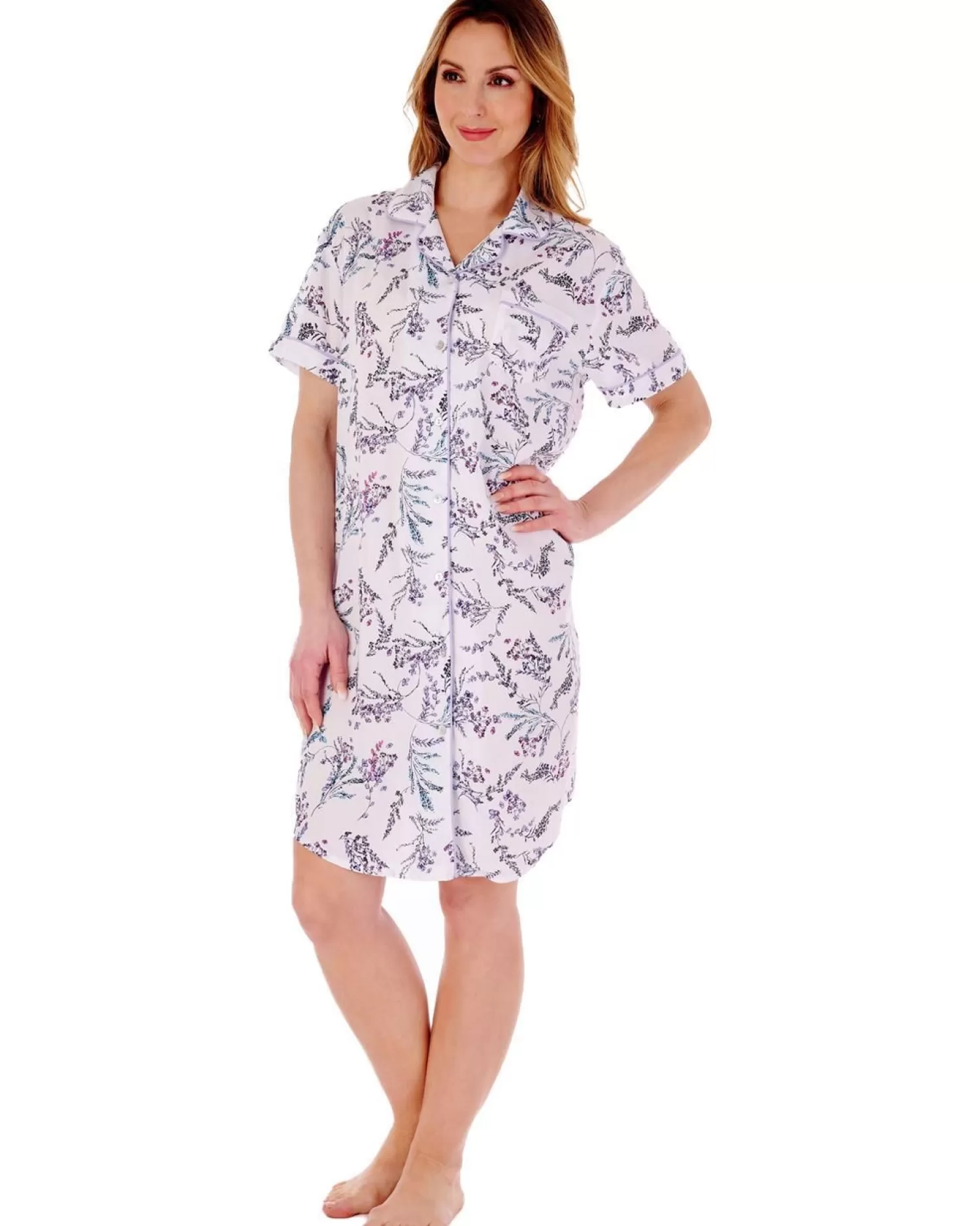 Slenderella Nighties | Floral Button Through Nightshirt - White