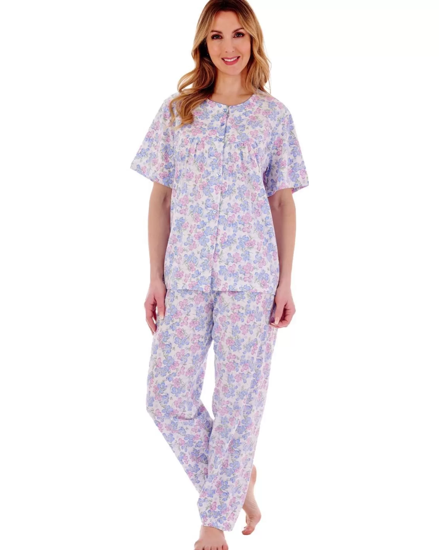 Slenderella Pyjamas | Floral Button Through Pyjamas - Blue