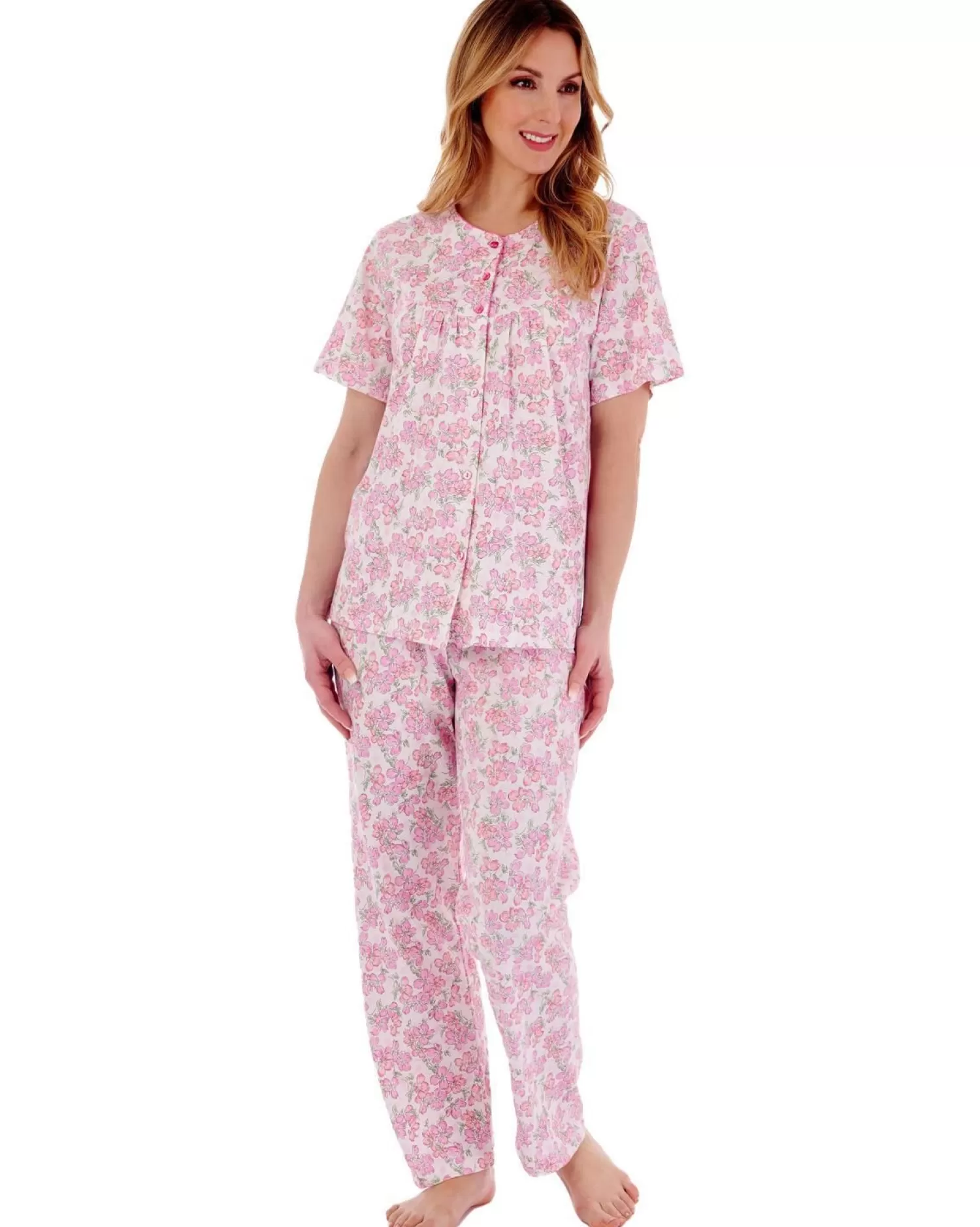 Slenderella Pyjamas | Floral Button Through Pyjamas - Pink