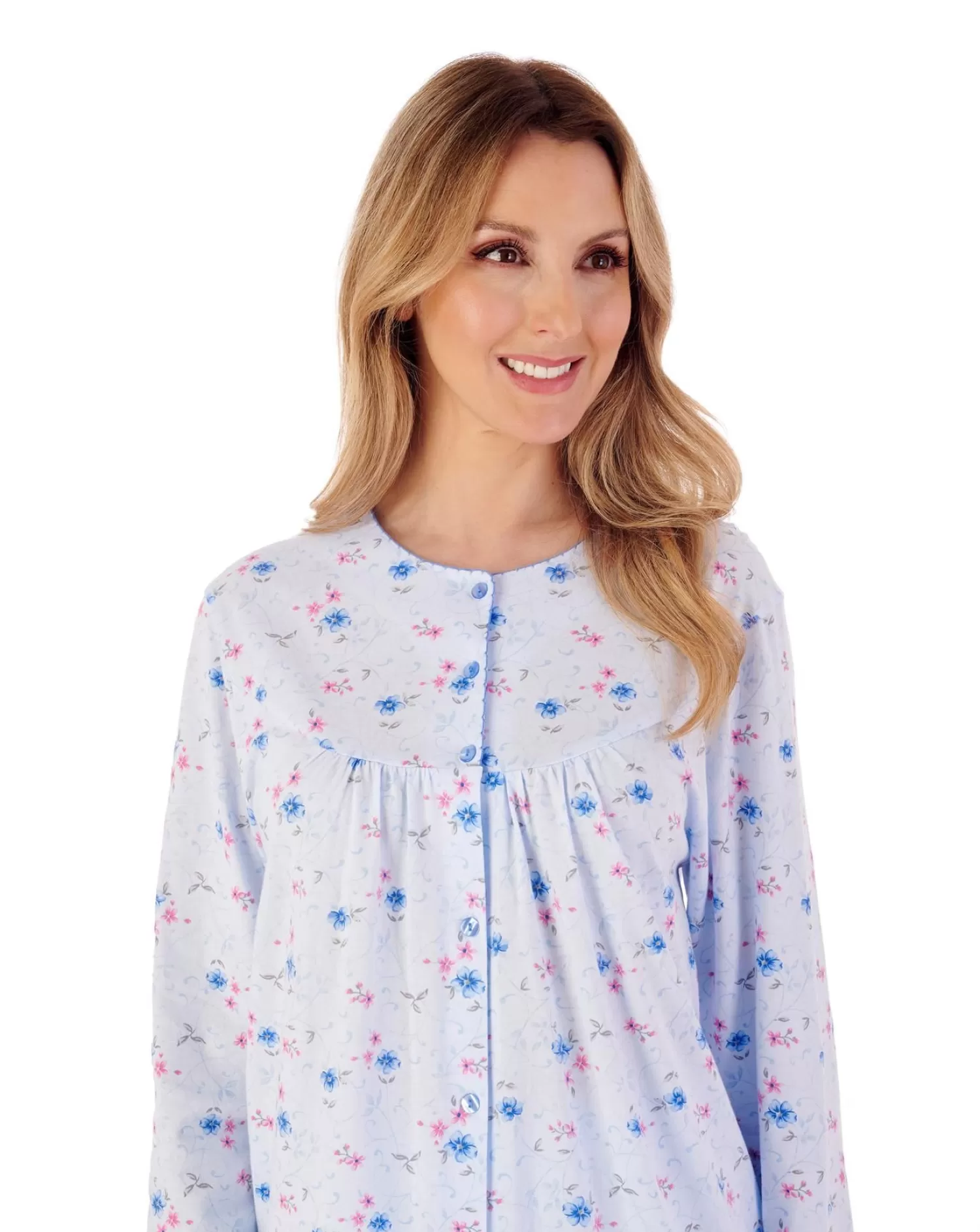 Slenderella Pyjamas | Floral Button Through Round Neck Pyjamas - Blue