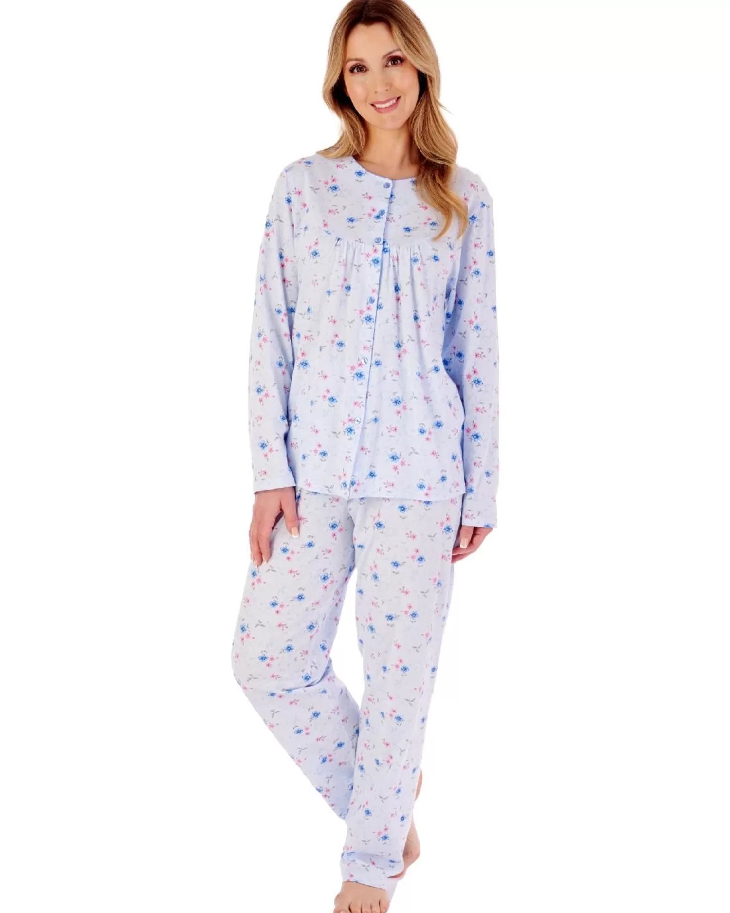 Slenderella Pyjamas | Floral Button Through Round Neck Pyjamas - Blue