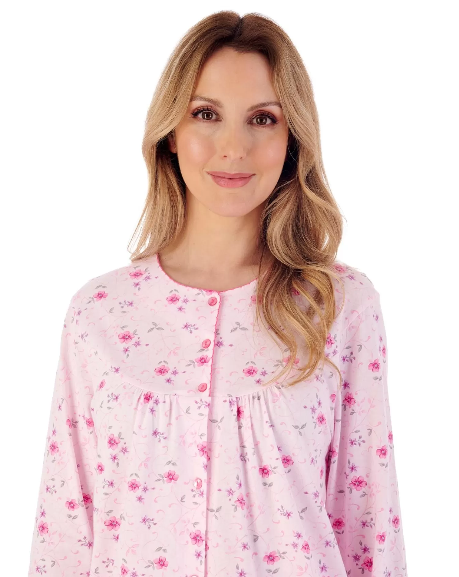 Slenderella Pyjamas | Floral Button Through Round Neck Pyjamas - Pink