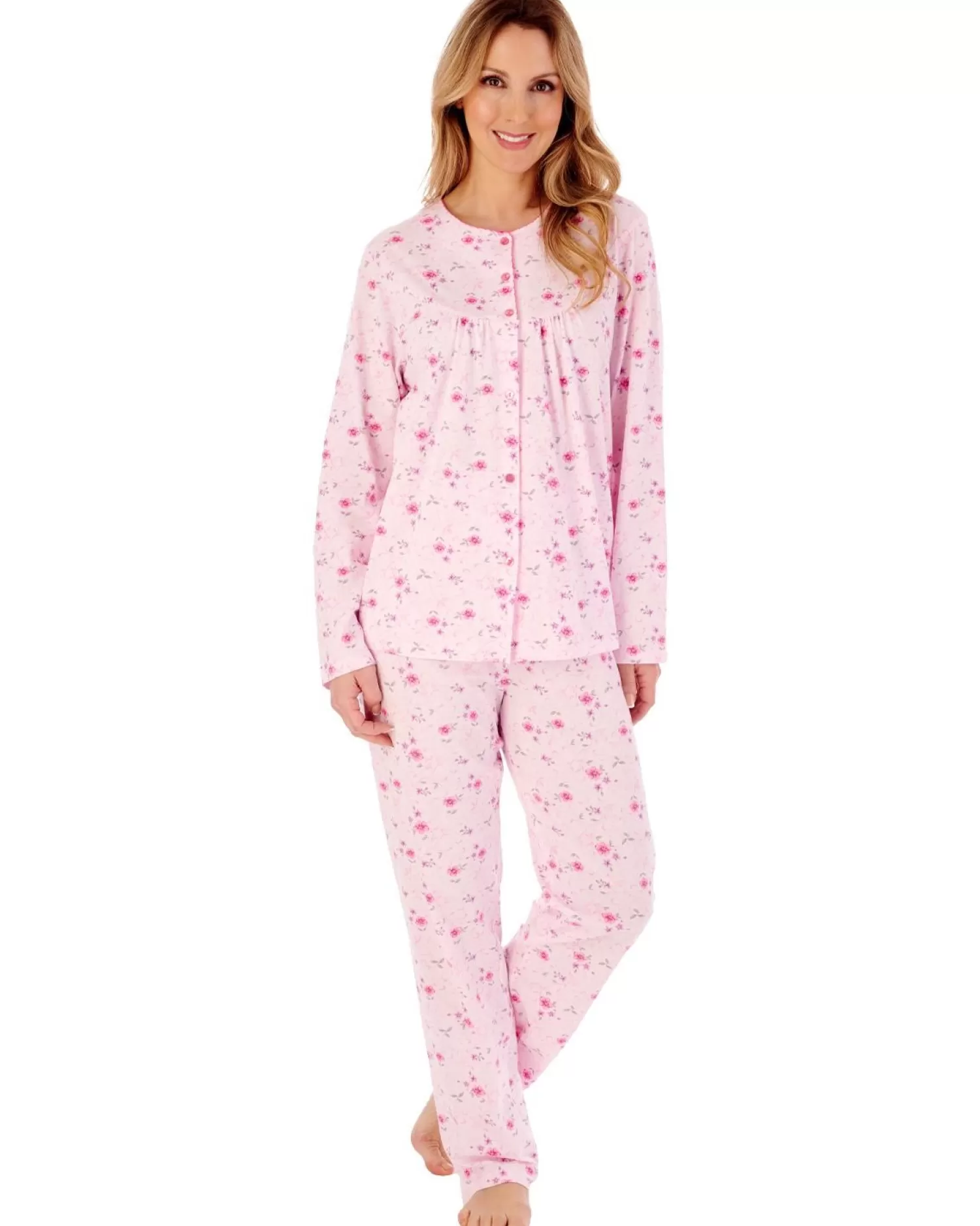 Slenderella Pyjamas | Floral Button Through Round Neck Pyjamas - Pink