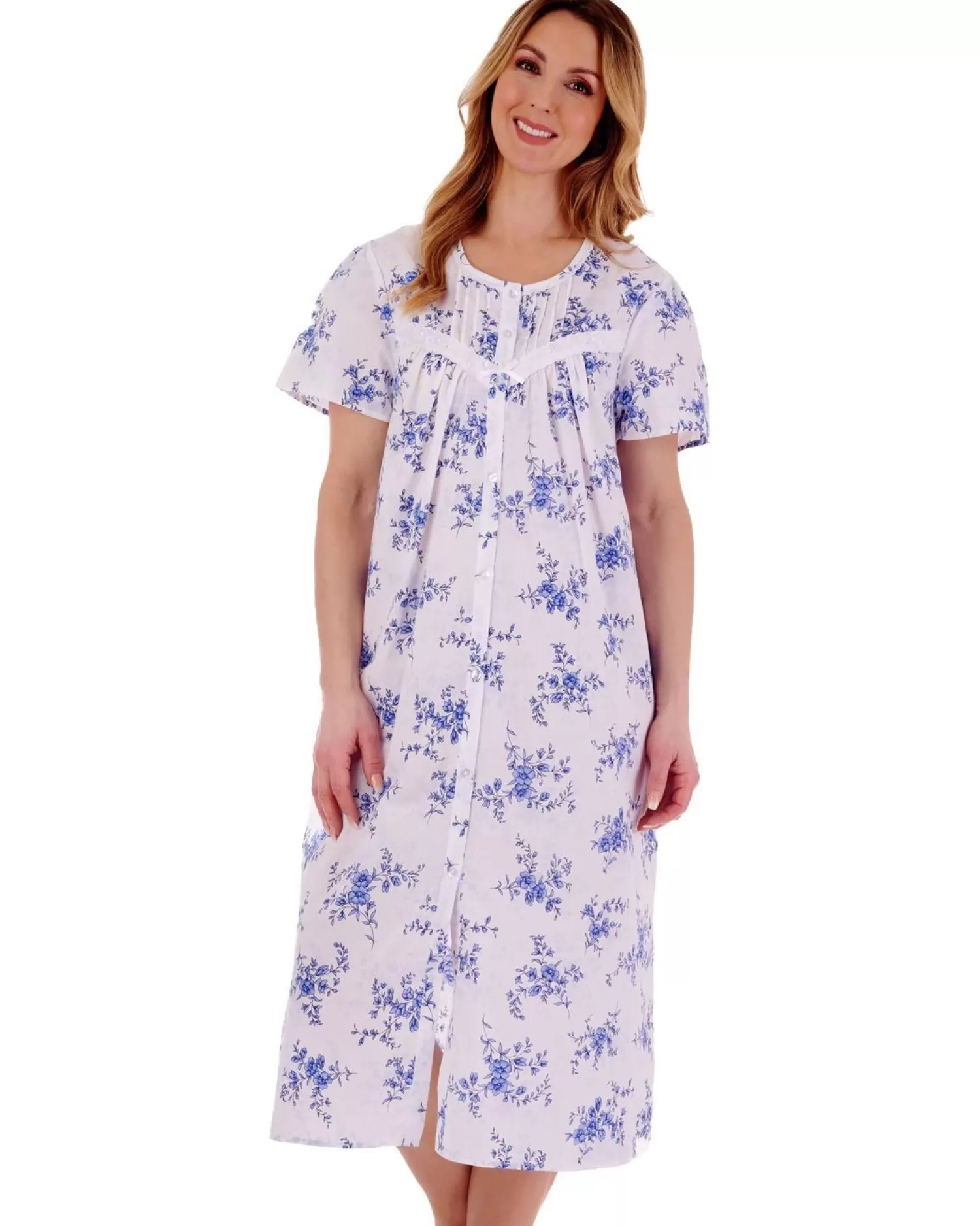 Slenderella Nighties | Floral Button Through Woven Nightdress - Blue