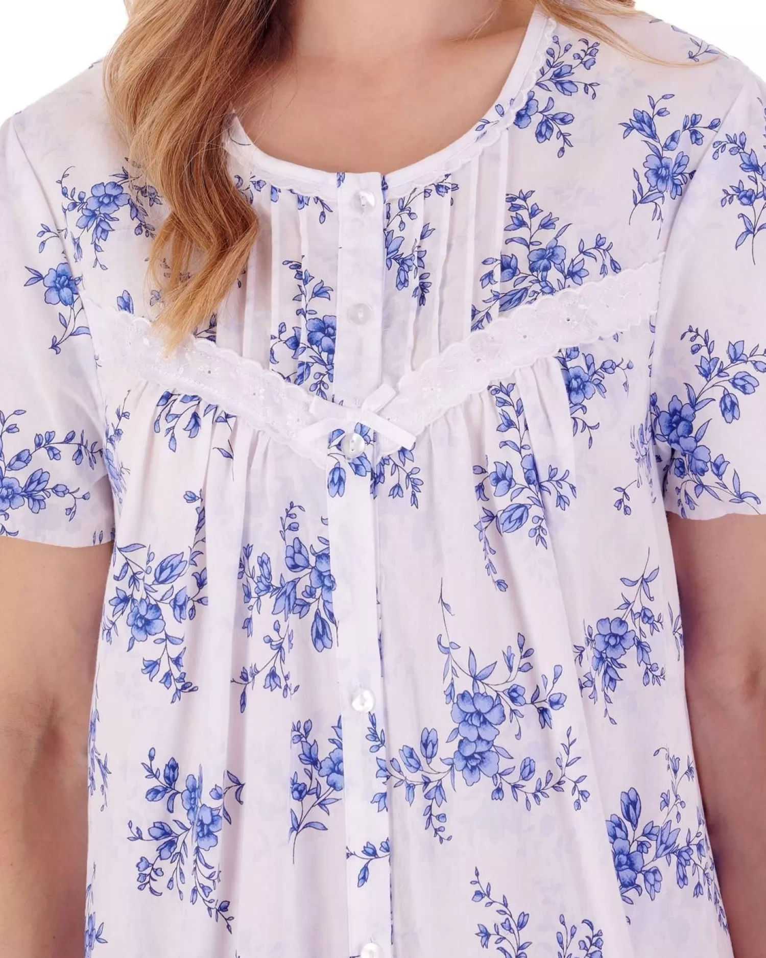 Slenderella Nighties | Floral Button Through Woven Nightdress - Blue