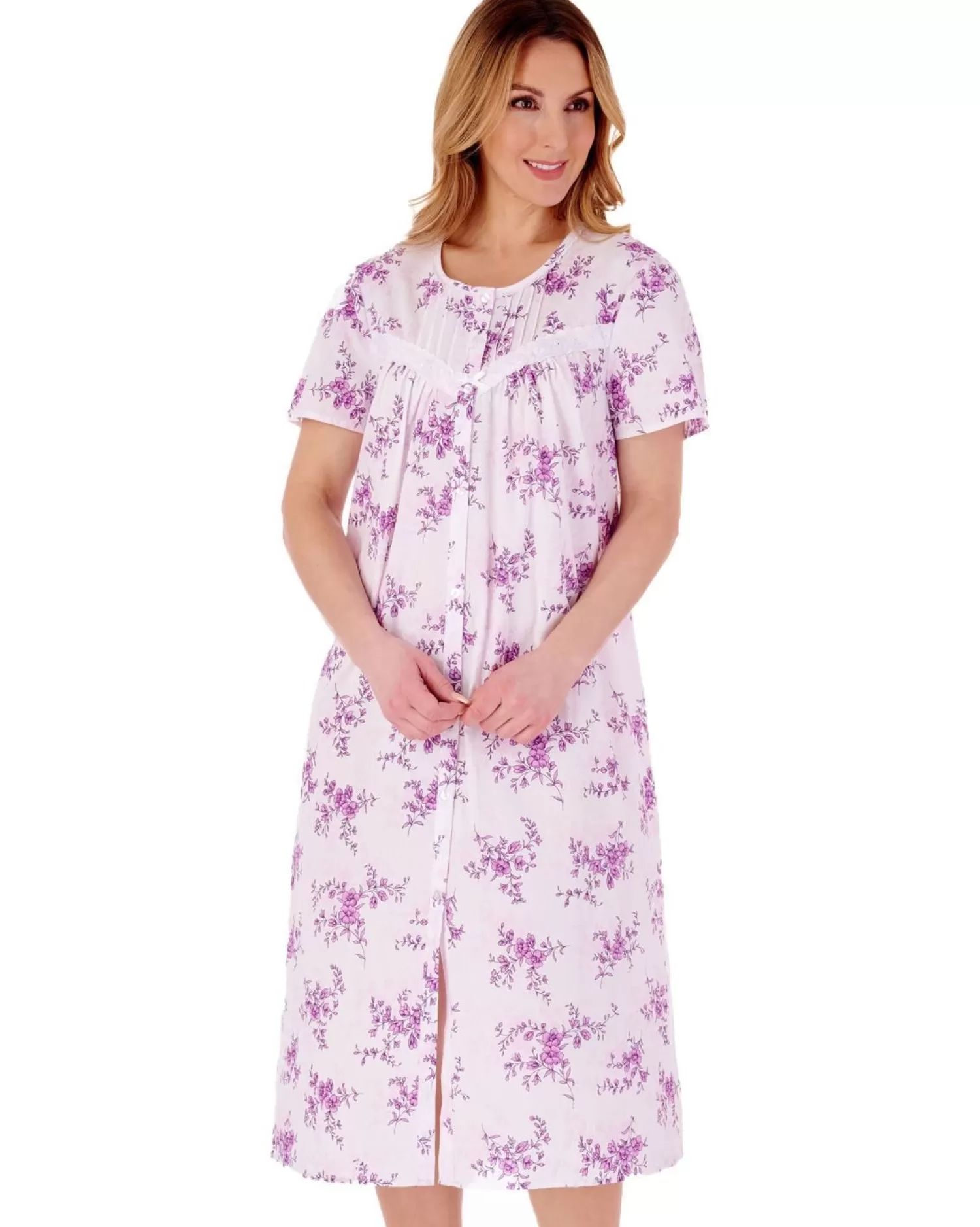 Slenderella Nighties | Floral Button Through Woven Nightdress - Lilac