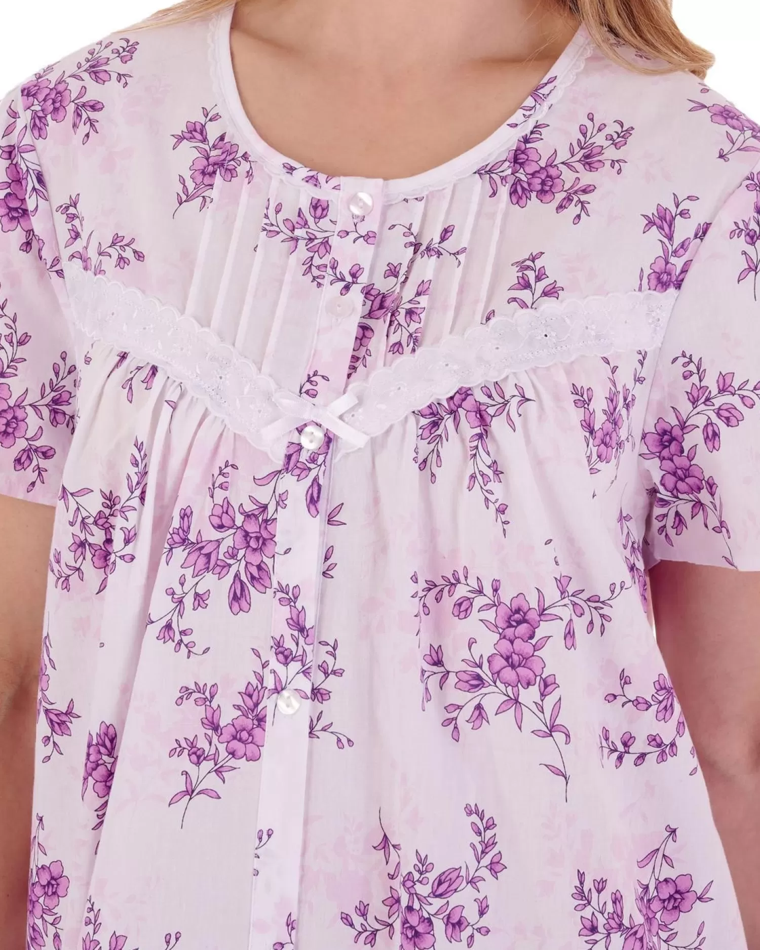 Slenderella Nighties | Floral Button Through Woven Nightdress - Lilac