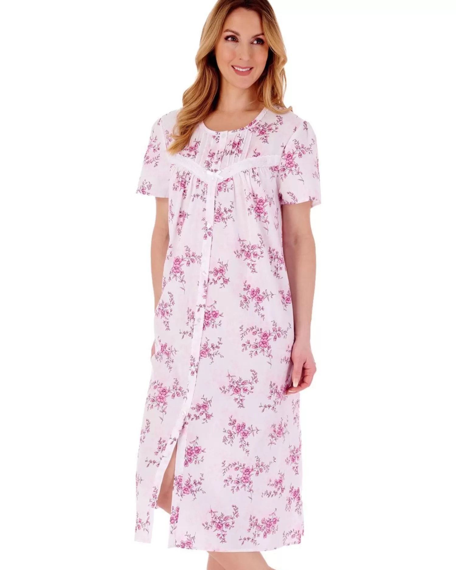 Slenderella Nighties | Floral Button Through Woven Nightdress - Pink