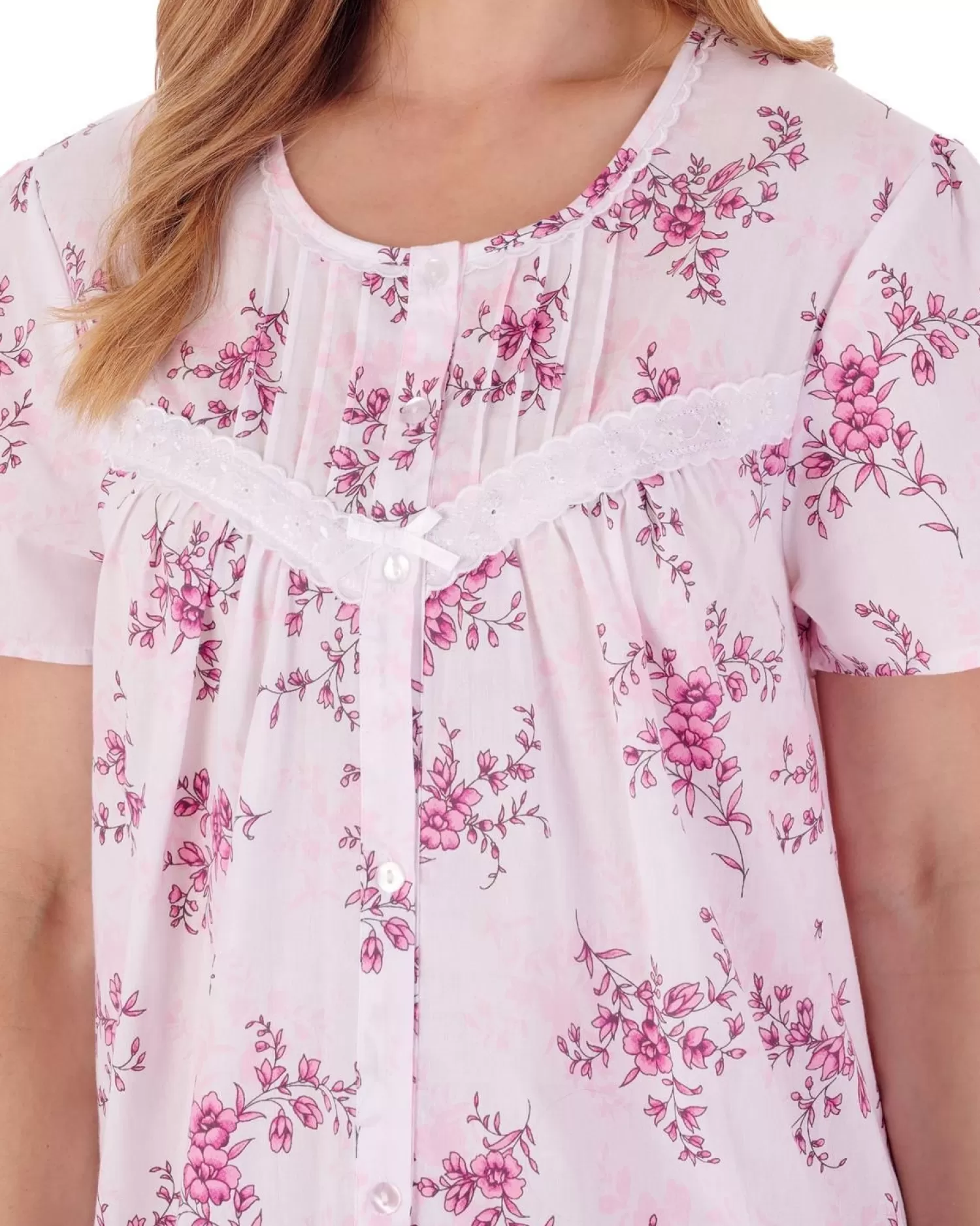 Slenderella Nighties | Floral Button Through Woven Nightdress - Pink