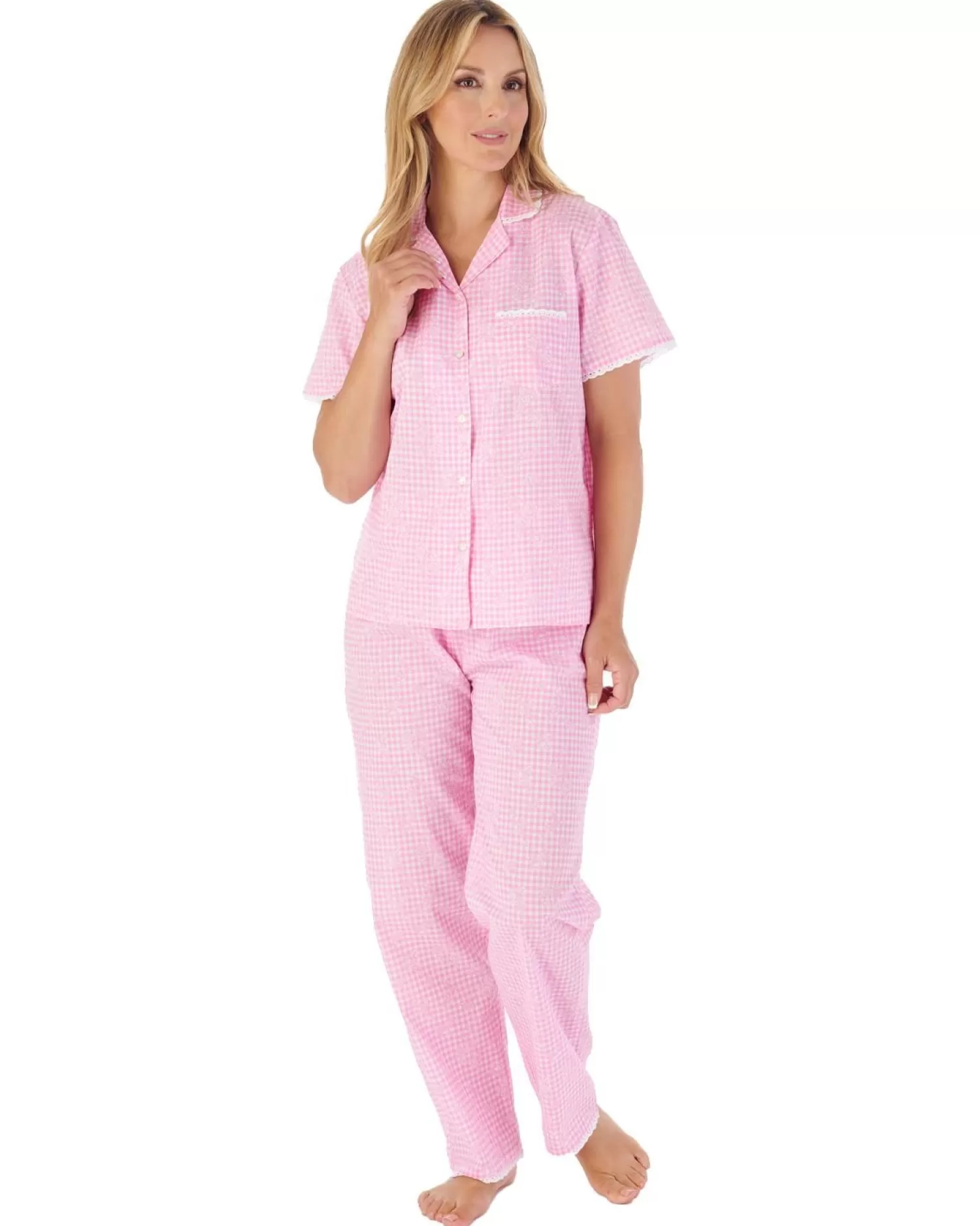 Slenderella Pyjamas | Floral Gingham Button Pyjamas - Pink