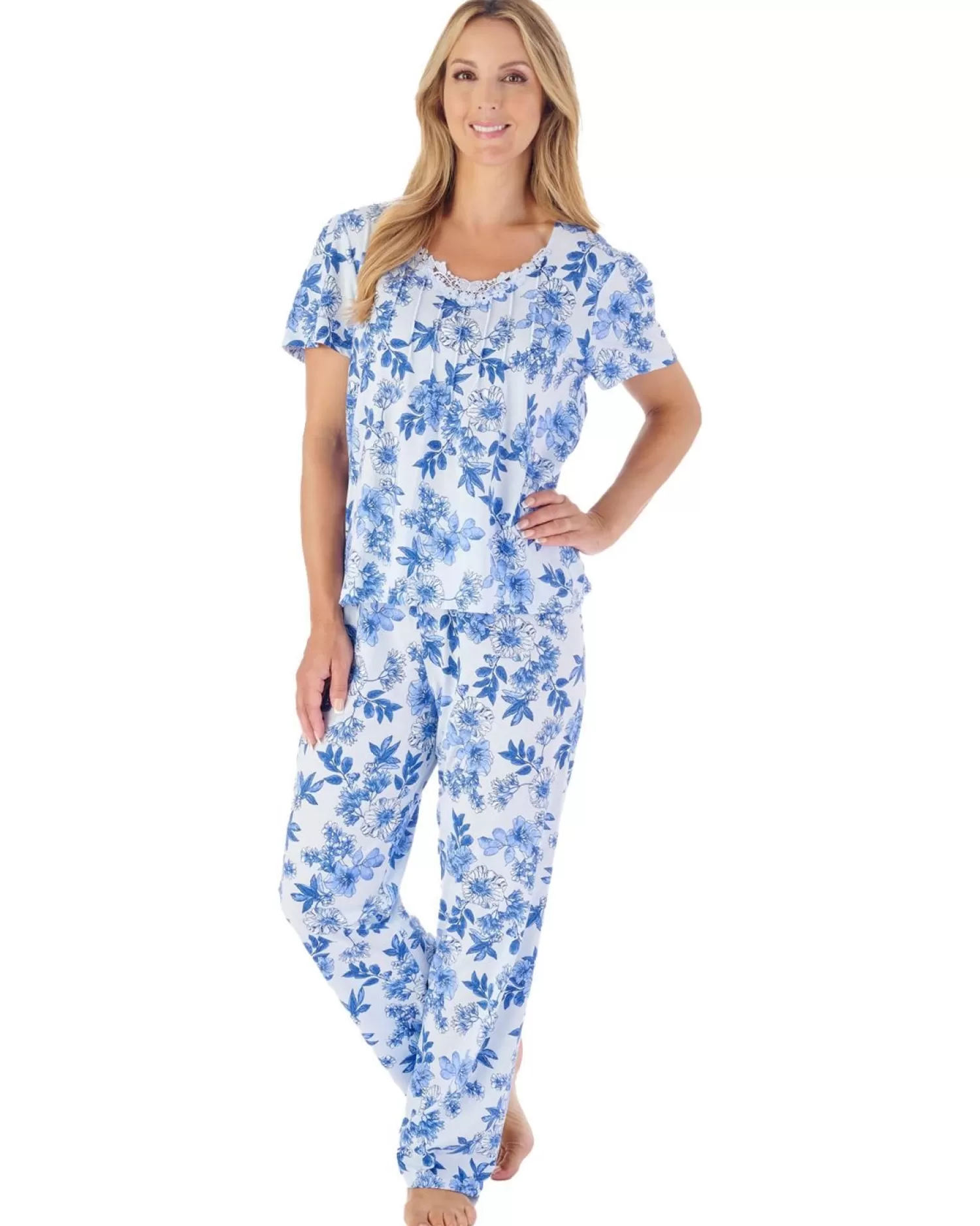 Slenderella Pyjamas | Floral Jersey Pyjamas - Blue