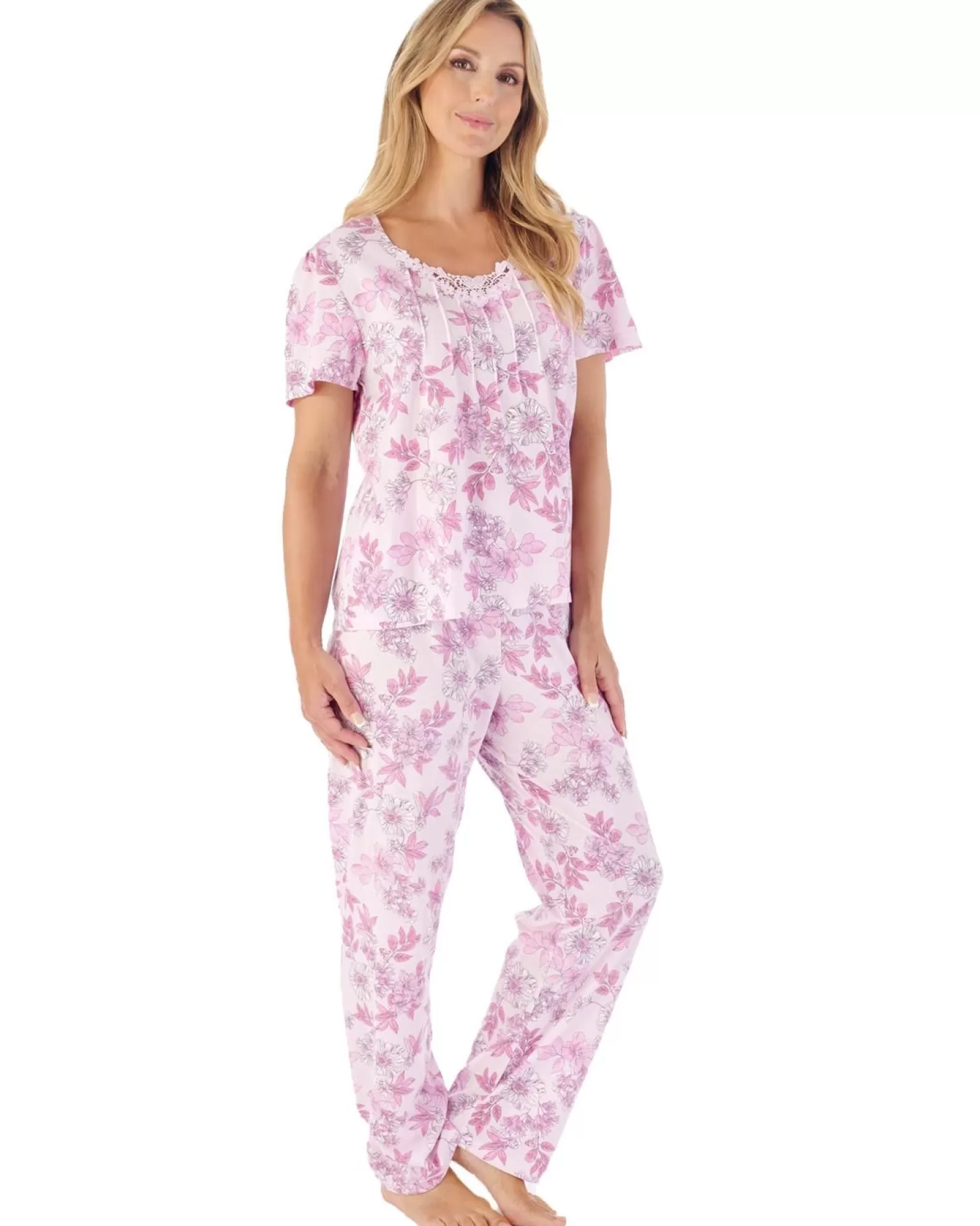 Slenderella Pyjamas | Floral Jersey Pyjamas - Pink