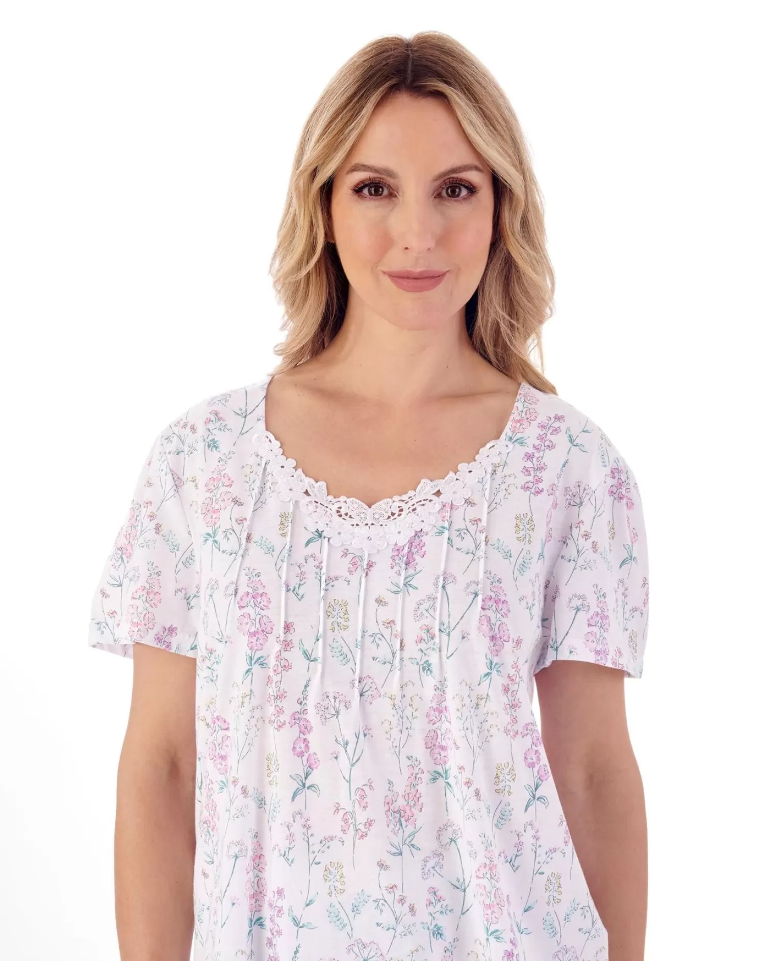 Slenderella Pyjamas | Floral Meadow V-Neck Short Sleeve Jersey Pyjamas - Pink