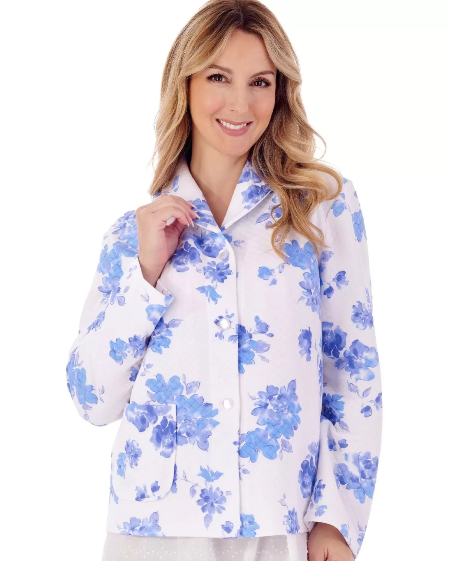 Slenderella Dressing Gowns | Floral Mock Quilt Bed Jacket - Blue