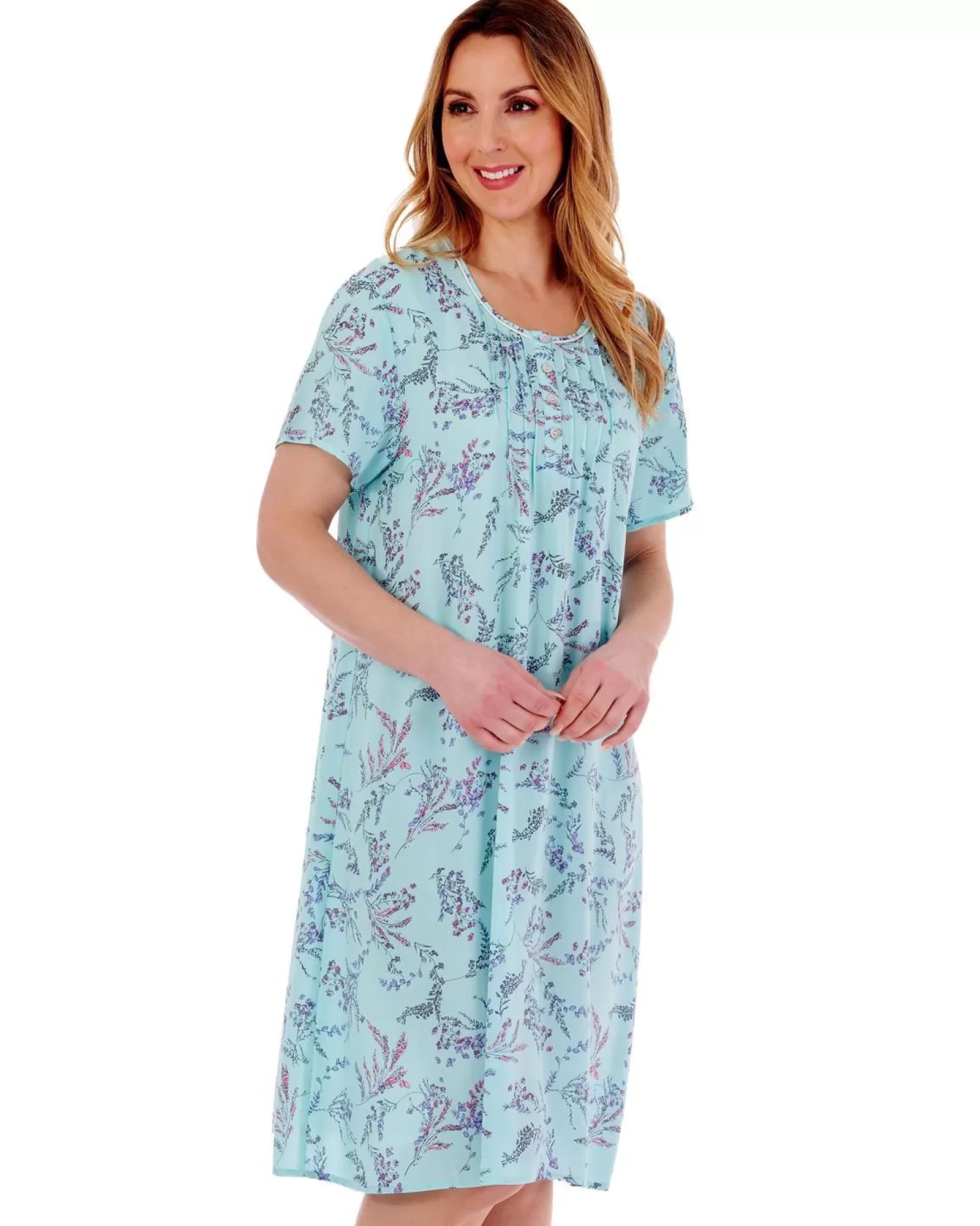 Slenderella Nighties | Floral Short Sleeve Nightdress - Aqua